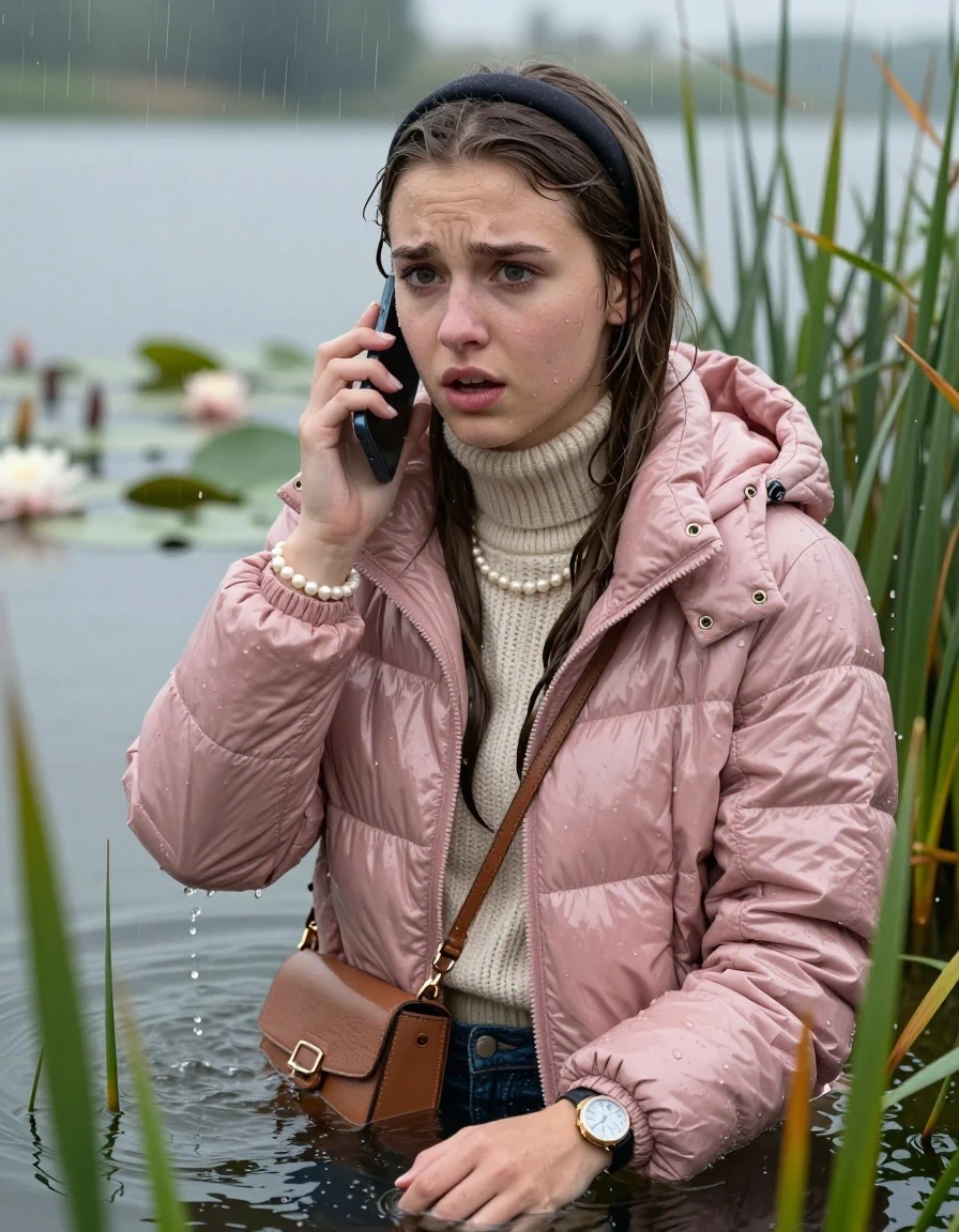 photo of young woman, in soaking wet, drenched clothes,
, , Light pink shiny puffer down jacket from monclare,  knit turtleneck sweater, handbag, pearl necklace, bracelet, wristwatch , Emerging after diving in a lake with water lilies and reeds, rain , 
enjoying, wet clothes stuck to body,
detailed textures of the wet clothes, wet face, wet plastered hair,
wet, drenched, professional, high-quality details, full body view.
sharp focus, ultra-high pixel detail, realistic, high-quality, full colors, incredibly detailed, 4k, 8k, 16k, hyper-realistic, RAW photo, masterpiece, ultra-detailed, professionally color graded, professional photograph, Sleek long straight hair, hairband

19 years old  teenage girl

open mouth, big eyes, try to call her friend with her smartphone

she is completely underwater up to her neck, frustrated and sad expression.

She hides in the reeds and is surprised by spectators

her submerged clothes are hardly vusible under water, she soaked her handbag into the water

close up view, wet skin, wet clothes, wet hair, damp fabric, water runs down the clothes, wet skin, wet clothes, damp fabric, wet skin, wet clothes, damp fabric, wet skin, wet clothes, damp fabric, wet skin, wet clothes, damp fabric, wet skin, wet clothes, damp fabric, wet skin, wet clothes, damp fabric, wet skin, wet clothes, damp fabric, wet skin, wet clothes, damp fabric, wet skin, wet clothes, damp fabric, wet skin, wet clothes, damp fabric, wet skin, wet clothes, damp fabric, wet skin, wet clothes, damp fabric, wet skin, wet clothes, damp fabric