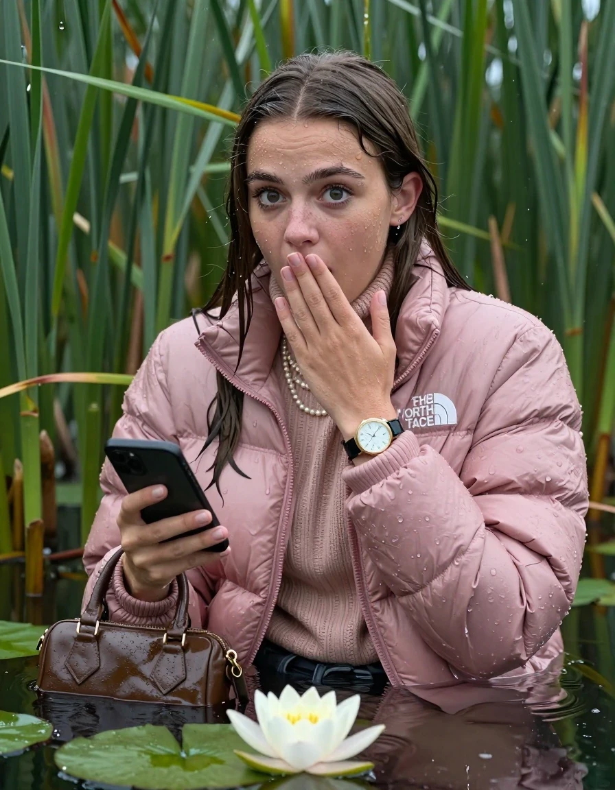 photo of young woman, in soaking wet, drenched clothes,
, , Light pink puffer down jacket from north face,  knit turtleneck sweater, handbag, pearl necklace, bracelet, wristwatch , Emerging after diving in a lake with water lilies and reeds, rain , 
enjoying, wet clothes stuck to body,
detailed textures of the wet clothes, wet face, wet plastered hair,
wet, drenched, professional, high-quality details, full body view.
sharp focus, ultra-high pixel detail, realistic, high-quality, full colors, incredibly detailed, 4k, 8k, 16k, hyper-realistic, RAW photo, masterpiece, ultra-detailed, professionally color graded, professional photograph, Brunette Sleek long straight hair

19 years old  teenage girl

open mouth, big eyes, cover her mouth with a hand and in the other hand her smartphone. Laying her breast on the surface.  Looking at camera.

she is completely underwater up to her neck, afraid and astonished expression.

She hides in the reeds and is surprised by spectators

her submerged clothes are hardly vusible under water, she soaked her handbag into the water

close up view, wet skin, wet clothes, wet hair, damp fabric, water runs down the clothes, wet skin, wet clothes, damp fabric, wet skin, wet clothes, damp fabric, wet skin, wet clothes, damp fabric, wet skin, wet clothes, damp fabric, wet skin, wet clothes, damp fabric, wet skin, wet clothes, damp fabric, wet skin, wet clothes, damp fabric, wet skin, wet clothes, damp fabric, wet skin, wet clothes, damp fabric, wet skin, wet clothes, damp fabric, wet skin, wet clothes, damp fabric, wet skin, wet clothes, damp fabric, wet skin, wet clothes, damp fabric, wet skin, wet clothes, damp fabric, wet skin, wet clothes, damp fabric