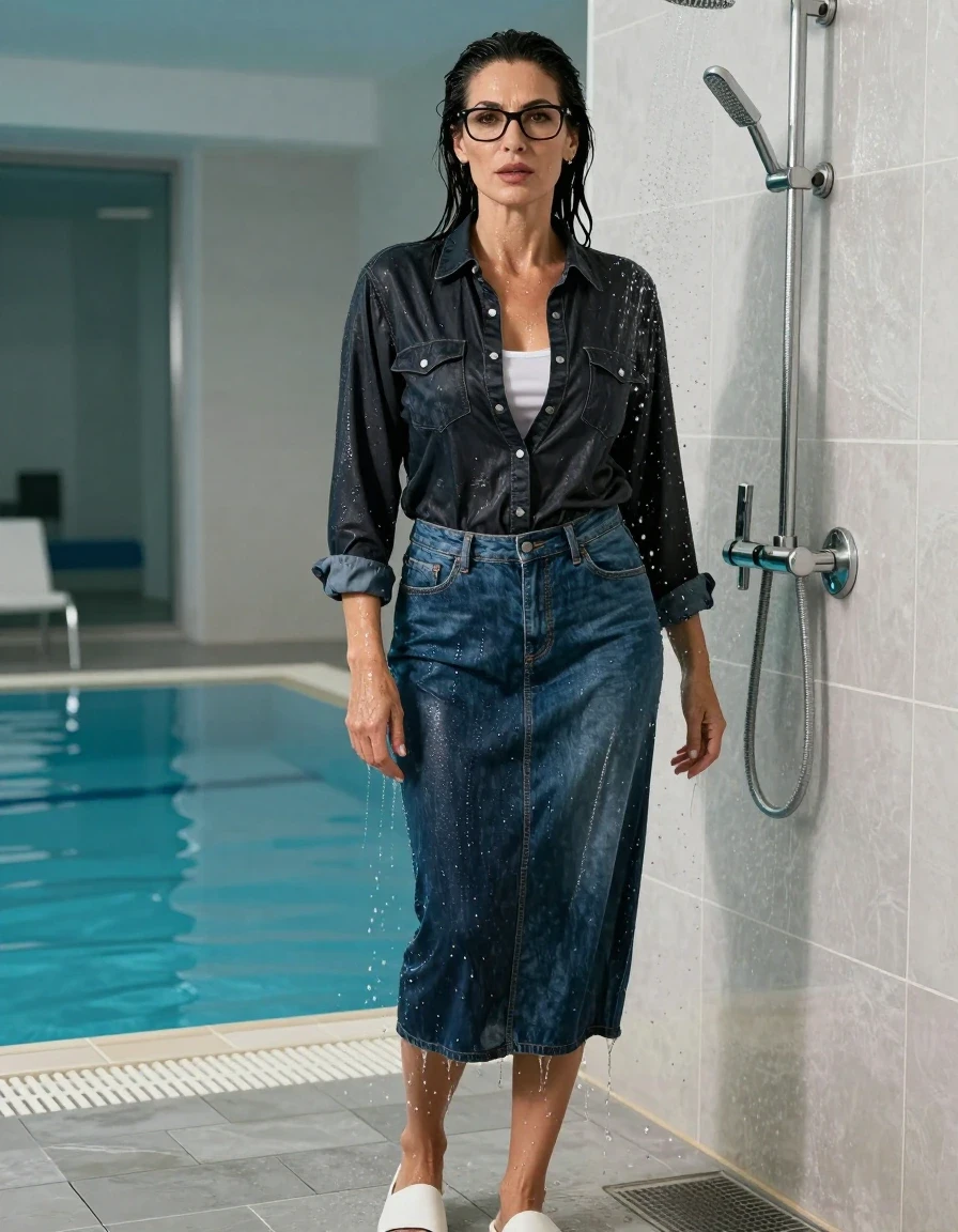 photo of young woman, in soaking wet, drenched clothes,
shoes, long blue denim skirt, white top, maxi black denim shirt dress with long sleeves, TAKING SHOWER, indoor swimming pool, enjoying wet clothes stuck body, 
enjoying, wet clothes stuck to body,
detailed textures of the wet clothes, wet face, wet plastered hair,
wet, drenched, professional, high-quality details, full body view.
sharp focus, ultra-high pixel detail, realistic, high-quality, full colors, incredibly detailed, 4k, 8k, 16k, hyper-realistic, RAW photo, masterpiece, ultra-detailed, professionally color graded, professional photograph, europen brunette skinny woman 50 years old, long dark black hair, very big and thick lips,  office glasses, complete body, wet skin, wet clothes, damp fabric, wet skin, wet clothes, damp fabric, wet skin, wet clothes, damp fabric, wet skin, wet clothes, damp fabric, wet skin, wet clothes, damp fabric