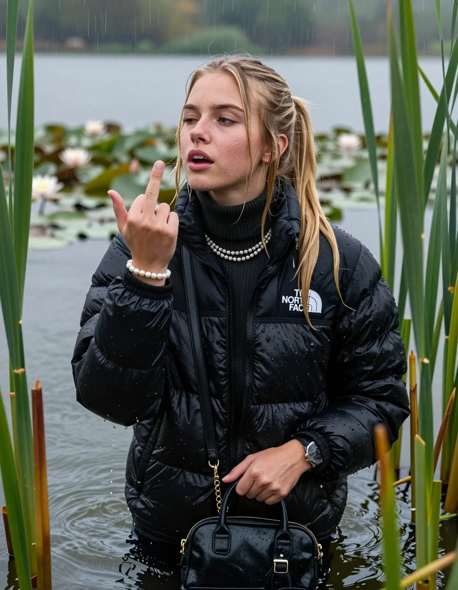 photo of young woman, in soaking wet, drenched clothes,
, , Black puffer down jacket from north face,  knit turtleneck sweater, handbag, pearl necklace, bracelet, wristwatch , Emerging after diving in a lake with water lilies and reeds, rain , 
enjoying, wet clothes stuck to body,
detailed textures of the wet clothes, wet face, wet plastered hair,
wet, drenched, professional, high-quality details, full body view.
sharp focus, ultra-high pixel detail, realistic, high-quality, full colors, incredibly detailed, 4k, 8k, 16k, hyper-realistic, RAW photo, masterpiece, ultra-detailed, professionally color graded, professional photograph, Blonde Sleek long ponytail with bangs, hairband

18-years-old  teenage girl

Shows the stink finger, closed mouth, half closed eyes, looking up

she is completely underwater up to her neck, aroused expression.

She hides in the reeds and is surprised by spectators

her submerged clothes are hardly vusible under water, she soaked her handbag into the water

close up view, wet skin, wet clothes, wet hair, damp fabric, water runs down the clothes, wet skin, wet clothes, damp fabric, wet skin, wet clothes, damp fabric, wet skin, wet clothes, damp fabric, wet skin, wet clothes, damp fabric, wet skin, wet clothes, damp fabric, wet skin, wet clothes, damp fabric, wet skin, wet clothes, damp fabric, wet skin, wet clothes, damp fabric, wet skin, wet clothes, damp fabric, wet skin, wet clothes, damp fabric, wet skin, wet clothes, damp fabric, wet skin, wet clothes, damp fabric