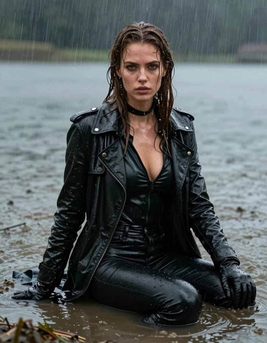 A stunning, photorealistic portrait of a young adult European woman with long dripping wet brown hair, sitting submerged in a murky lake during a torrential downpour. She is wearing a black leather polar neck shirt, a black leather trench coat, black leather gloves, and black leather jeans, all visibly saturated and clinging to her form with heavy water sheen and deep, dark tones. Her skin is glistening with rain, and she is heavily splattered with thick, realistic mud from a nearby field. The scene captures the weight and texture of water-soaked leather, with beads of rain running down her face and clothing. The lighting is moody and cinematic, emphasizing the glossy, wet textures of the leather and the dark, damp atmosphere of the lake. High-resolution, sharp focus, professional photography, realistic skin textures, fully clothed, modest attire.