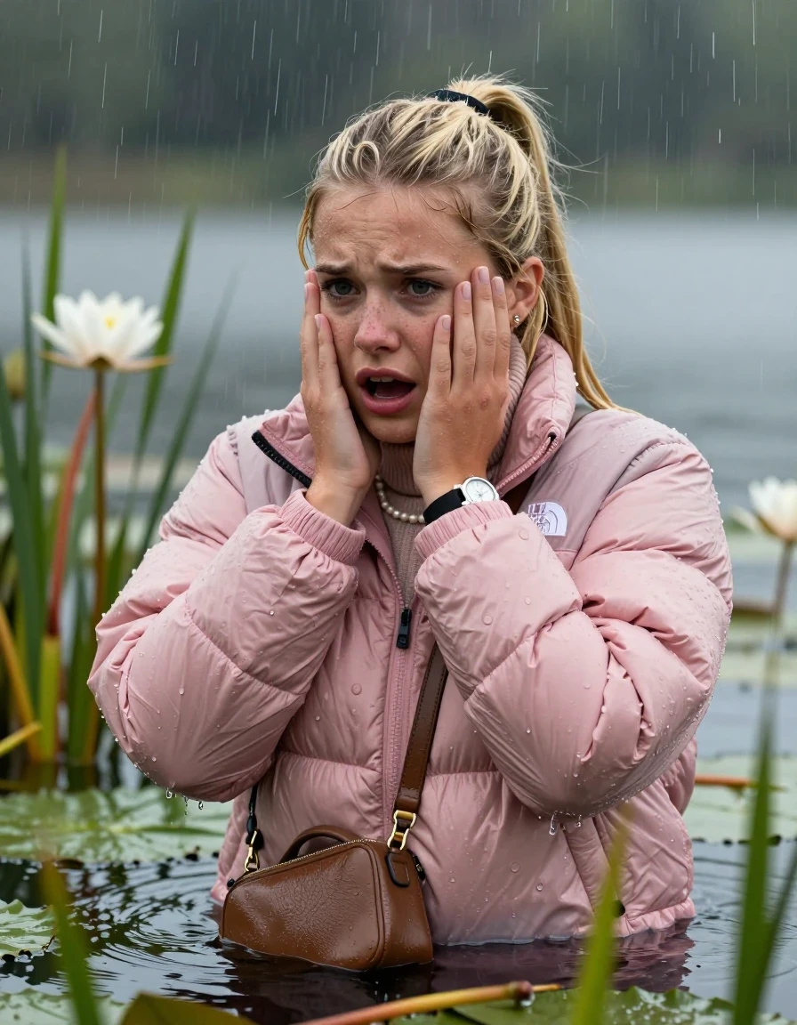 photo of young woman, in soaking wet, drenched clothes,
, , Light pink puffer down jacket from north face,  knit turtleneck sweater, handbag, pearl necklace, bracelet, wristwatch , Emerging after diving in a lake with water lilies and reeds, rain , 
enjoying, wet clothes stuck to body,
detailed textures of the wet clothes, wet face, wet plastered hair,
wet, drenched, professional, high-quality details, full body view.
sharp focus, ultra-high pixel detail, realistic, high-quality, full colors, incredibly detailed, 4k, 8k, 16k, hyper-realistic, RAW photo, masterpiece, ultra-detailed, professionally color graded, professional photograph, Blonde Sleek long ponytail with bangs, hairband

18-years-old  teenage girl

Hold her hands over her face, open mouth, big eyes

she is completely underwater up to her neck, frustrated and sad expression.

She hides in the reeds and is surprised by spectators

her submerged clothes are hardly vusible under water, she soaked her handbag into the water

close up view, wet skin, wet clothes, wet hair, damp fabric, water runs down the clothes, wet skin, wet clothes, damp fabric, wet skin, wet clothes, damp fabric, wet skin, wet clothes, damp fabric, wet skin, wet clothes, damp fabric, wet skin, wet clothes, damp fabric, wet skin, wet clothes, damp fabric, wet skin, wet clothes, damp fabric, wet skin, wet clothes, damp fabric, wet skin, wet clothes, damp fabric, wet skin, wet clothes, damp fabric, wet skin, wet clothes, damp fabric, wet skin, wet clothes, damp fabric