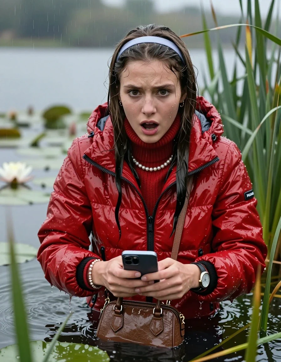 photo of young woman, in soaking wet, drenched clothes,
, , Light red shiny puffer down jacket from monclare,  knit turtleneck sweater, handbag, pearl necklace, bracelet, wristwatch , Emerging after diving in a lake with water lilies and reeds, rain , 
enjoying, wet clothes stuck to body,
detailed textures of the wet clothes, wet face, wet plastered hair,
wet, drenched, professional, high-quality details, full body view.
sharp focus, ultra-high pixel detail, realistic, high-quality, full colors, incredibly detailed, 4k, 8k, 16k, hyper-realistic, RAW photo, masterpiece, ultra-detailed, professionally color graded, professional photograph, Sleek long straight hair, hairband

19 years old  teenage girl

open mouth, big eyes, hold her smartphone in her hands while sinking under water

she is completely underwater up to her neck, frightened and fearful expression.

She hides in the reeds and is surprised by spectators

her submerged clothes are hardly vusible under water, she soaked her handbag into the water

close up view, wet skin, wet clothes, wet hair, damp fabric, water runs down the clothes, wet skin, wet clothes, damp fabric, wet skin, wet clothes, damp fabric, wet skin, wet clothes, damp fabric, wet skin, wet clothes, damp fabric, wet skin, wet clothes, damp fabric, wet skin, wet clothes, damp fabric, wet skin, wet clothes, damp fabric, wet skin, wet clothes, damp fabric, wet skin, wet clothes, damp fabric, wet skin, wet clothes, damp fabric, wet skin, wet clothes, damp fabric, wet skin, wet clothes, damp fabric, wet skin, wet clothes, damp fabric