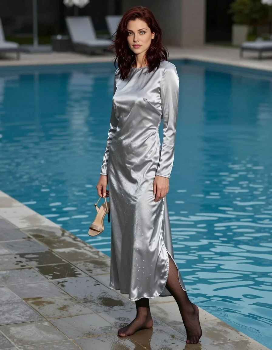 Full-body fashion photography of a 25-year-old woman standing barefoot at the edge of a glistening, wet pool deck. She has shoulder-length dark auburn hair and is wearing a long-sleeved floor-length silver silk dress and dark pantyhose. The hem of the silver silk dress is noticeably damp where it touches the wet pool tiles. She is holding a pair of strappy high-heeled sandals in one hand. Her expression is serene, with her face turned toward the camera at a mild three-quarter angle. The atmosphere is cool and refreshing, with the fabric of the dress and pantyhose clinging slightly due to the moisture. Vertical composition, high-end fashion editorial style, sharp focus on the subject. The depicted adult woman has shoulder-length dark auburn hair. Show her face clearly toward the camera at a mild three-quarter angle, large enough for a natural portrait face reference.