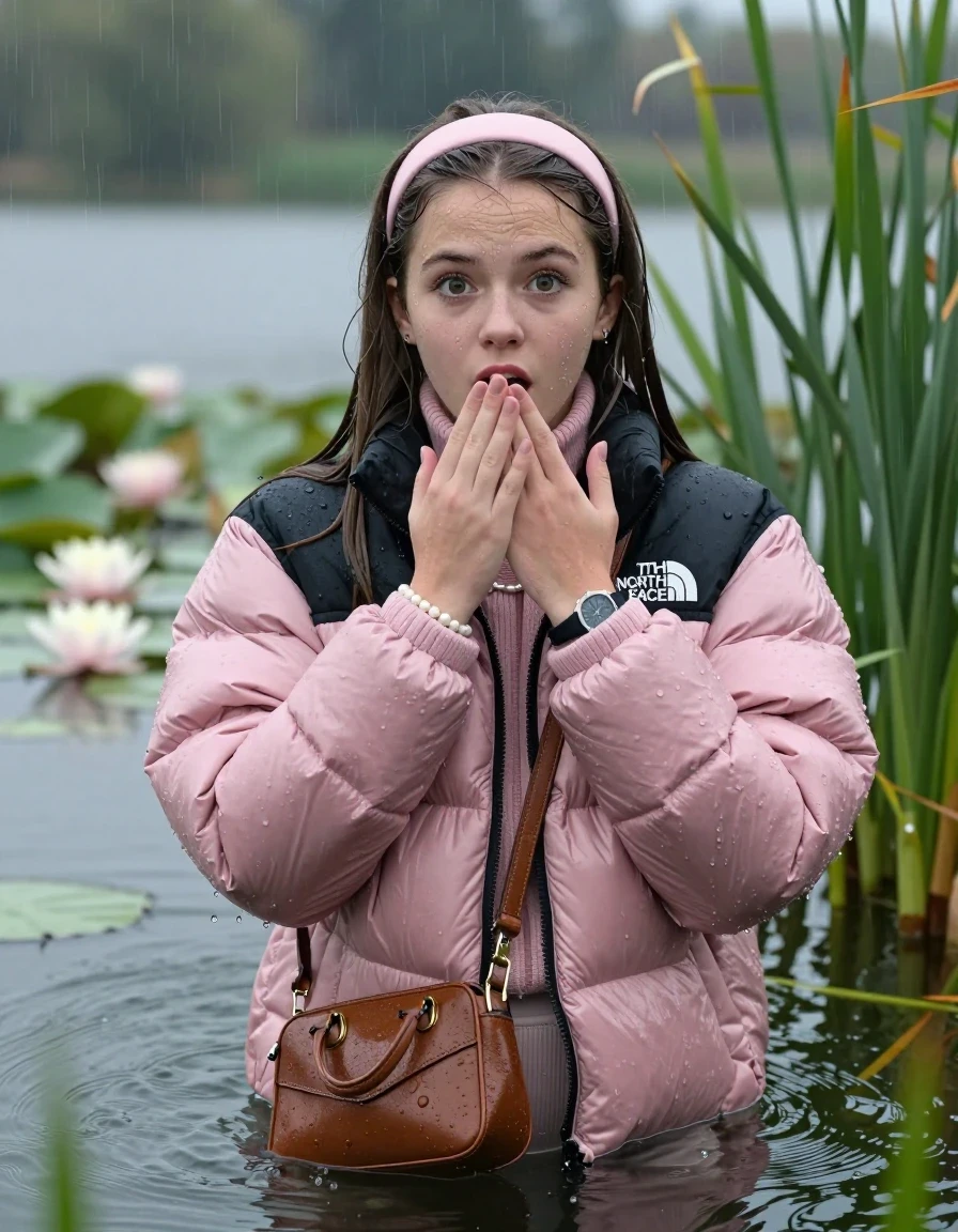 photo of young woman, in soaking wet, drenched clothes,
, , Light pink puffer down jacket from north face,  knit turtleneck sweater, handbag, pearl necklace, bracelet, wristwatch , Emerging after diving in a lake with water lilies and reeds, rain , 
enjoying, wet clothes stuck to body,
detailed textures of the wet clothes, wet face, wet plastered hair,
wet, drenched, professional, high-quality details, full body view.
sharp focus, ultra-high pixel detail, realistic, high-quality, full colors, incredibly detailed, 4k, 8k, 16k, hyper-realistic, RAW photo, masterpiece, ultra-detailed, professionally color graded, professional photograph, Sleek long straight hair, hairband

19 years old  teenage girl

Hold one hand on her mouth, Show with the other hand the stink Finger, open mouth, big eyes

she is completely underwater up to her neck, afraid  and astonished expression.

She hides in the reeds and is surprised by spectators

her submerged clothes are hardly vusible under water, she soaked her handbag into the water

close up view, wet skin, wet clothes, wet hair, damp fabric, water runs down the clothes, wet skin, wet clothes, damp fabric, wet skin, wet clothes, damp fabric, wet skin, wet clothes, damp fabric, wet skin, wet clothes, damp fabric, wet skin, wet clothes, damp fabric, wet skin, wet clothes, damp fabric, wet skin, wet clothes, damp fabric, wet skin, wet clothes, damp fabric, wet skin, wet clothes, damp fabric, wet skin, wet clothes, damp fabric, wet skin, wet clothes, damp fabric, wet skin, wet clothes, damp fabric
