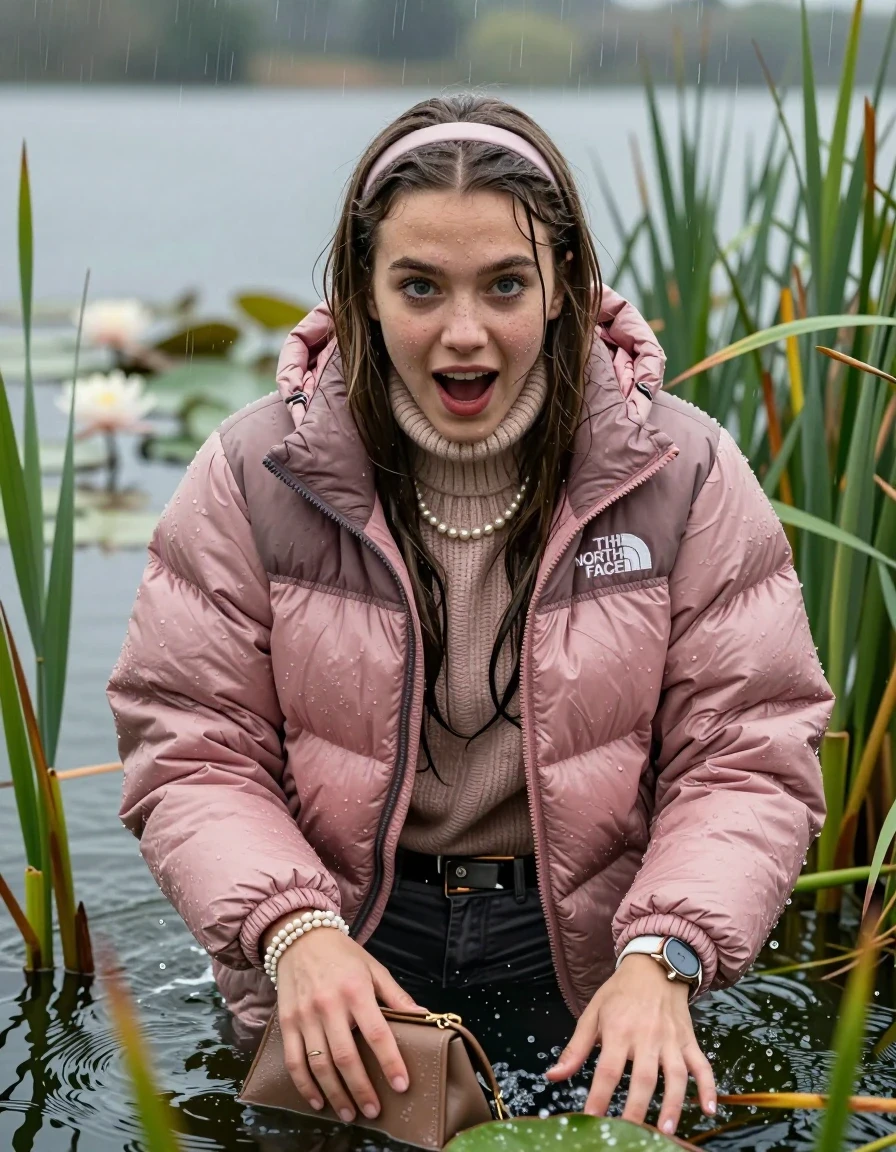 photo of young woman, in soaking wet, drenched clothes,
, , Light pink puffer down jacket from north face,  knit turtleneck sweater, handbag, pearl necklace, bracelet, wristwatch , knitted scarf, Emerging after diving in a lake with water lilies and reeds, rain , 
enjoying, wet clothes stuck to body,
detailed textures of the wet clothes, wet face, wet plastered hair,
wet, drenched, professional, high-quality details, full body view.
sharp focus, ultra-high pixel detail, realistic, high-quality, full colors, incredibly detailed, 4k, 8k, 16k, hyper-realistic, RAW photo, masterpiece, ultra-detailed, professionally color graded, professional photograph, Sleek long straight hair, hairband

19 years old  teenage girl

she is completely underwater up to her neck, excited expression, enjoy her dip. Looking at camera. Arms in the water.

She hides in the reeds and is surprised by spectators

her submerged clothes are hardly vusible under water, she soaked her handbag into the water

close up view, wet skin, wet clothes, wet hair, damp fabric, water runs down the clothes, wet skin, wet clothes, damp fabric, wet skin, wet clothes, damp fabric, wet skin, wet clothes, damp fabric, wet skin, wet clothes, damp fabric, wet skin, wet clothes, damp fabric, wet skin, wet clothes, damp fabric, wet skin, wet clothes, damp fabric, wet skin, wet clothes, damp fabric, wet skin, wet clothes, damp fabric, wet skin, wet clothes, damp fabric, wet skin, wet clothes, damp fabric, wet skin, wet clothes, damp fabric, wet skin, wet clothes, damp fabric, wet skin, wet clothes, damp fabric