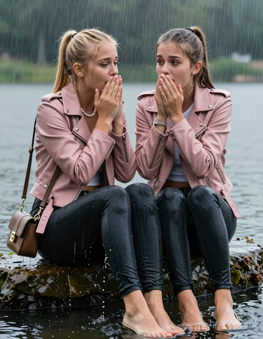photo of young woman, in soaking wet, drenched clothes,
Pumps,  tight black skinny jeans, Light pink biker leatherjacket, crop top, Pearl necklace, bracelet, shoulderbag, fully soaked 15-years-old teenage girl and her friend sitting under heavy rain in a lake, enjoying wet clothes stuck body, 
enjoying, wet clothes stuck to body,
detailed textures of the wet clothes, wet face, wet plastered hair,
wet, drenched, professional, high-quality details, full body view.
sharp focus, ultra-high pixel detail, realistic, high-quality, full colors, incredibly detailed, 4k, 8k, 16k, hyper-realistic, RAW photo, masterpiece, ultra-detailed, professionally color graded, professional photograph, fully soaked 15-years-old young teenage girl. wet plastered blonde sleek long ponytail. afraid and astonished, open mouth, half closed eyes. holding her hands on her mouth. looking slightly up. wet skin, wet clothes, water runs from her body and her clothes in streams. A lot of water also runs out of her clothes. Her clothes are darkened by the water. Her submerged clothes are clinging wet.  The girls wear different clothes., wet skin, wet clothes, damp fabric, wet skin, wet clothes, damp fabric, wet skin, wet clothes, damp fabric