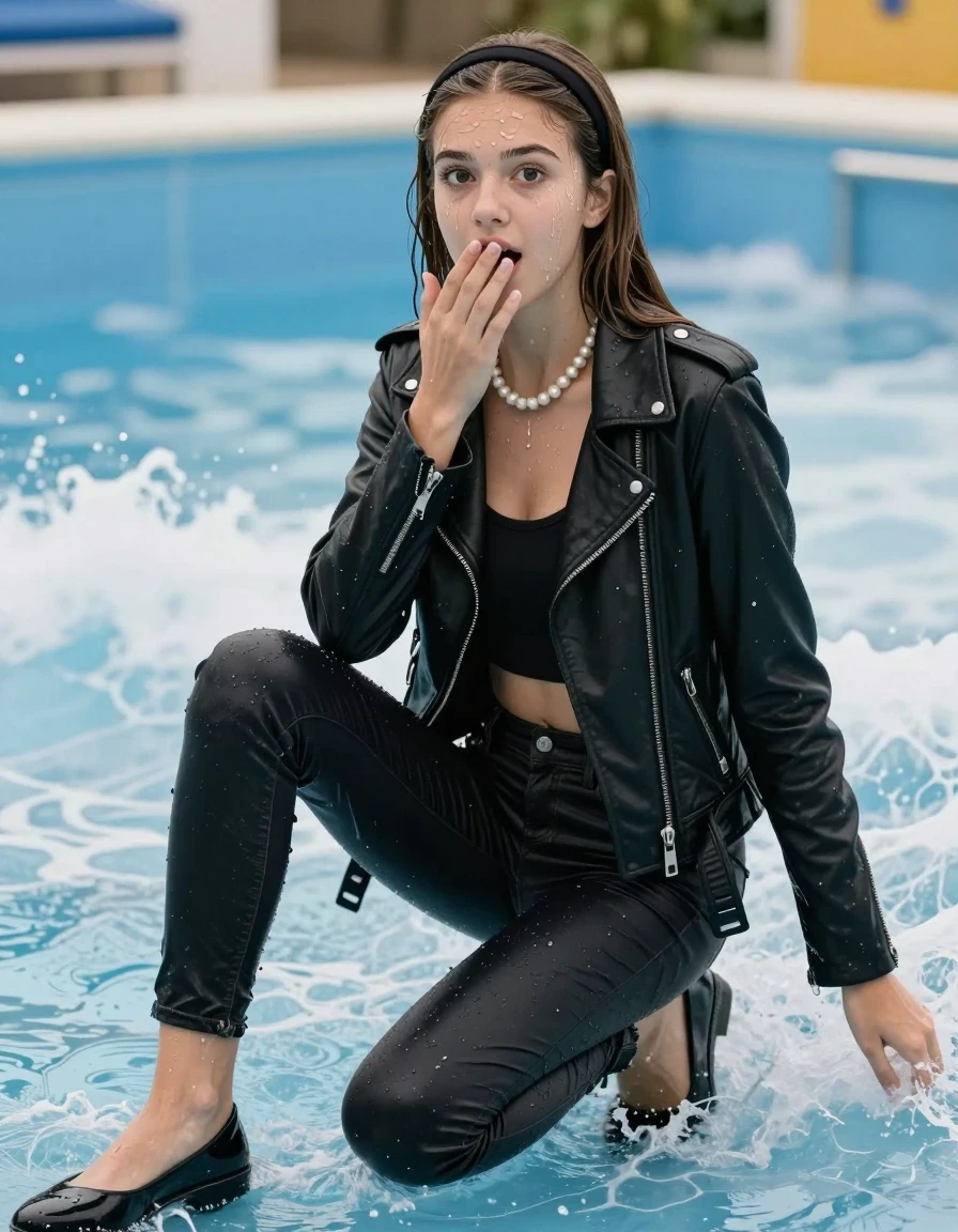 photo of young woman, in soaking wet, drenched clothes,
pumps, soaking wet tight skinny jeans, Black biker leatherjacket, crop top, Pearl necklace, playing in a wave pool, 
enjoying, wet clothes stuck to body,
detailed textures of the wet clothes, wet face, wet plastered hair,
wet, drenched, professional, high-quality details, full body view.
sharp focus, ultra-high pixel detail, realistic, high-quality, full colors, incredibly detailed, 4k, 8k, 16k, hyper-realistic, RAW photo, masterpiece, ultra-detailed, professionally color graded, professional photograph, A realistic vertical fashion photograph of a 15-years-old young teenage girl. sleek long straight hair with hairband. Hold a hand over her mouth. Afraid and astonished, open mouth, big eyes. looking at camera., wet skin, wet clothes, damp fabric, wet skin, wet clothes, damp fabric