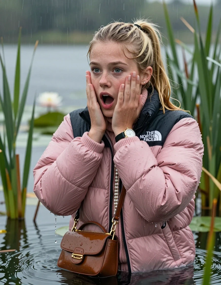 photo of young woman, in soaking wet, drenched clothes,
, , Light pink puffer down jacket from north face,  knit turtleneck sweater, handbag, pearl necklace, bracelet, wristwatch , Emerging after diving in a lake with water lilies and reeds, rain , 
enjoying, wet clothes stuck to body,
detailed textures of the wet clothes, wet face, wet plastered hair,
wet, drenched, professional, high-quality details, full body view.
sharp focus, ultra-high pixel detail, realistic, high-quality, full colors, incredibly detailed, 4k, 8k, 16k, hyper-realistic, RAW photo, masterpiece, ultra-detailed, professionally color graded, professional photograph, Blonde Sleek long ponytail with bangs, hairband

18-years-old  teenage girl

Hold her hands over her face, open mouth, big eyes

she is completely underwater up to her neck, shocked expression.

She hides in the reeds and is surprised by spectators

her submerged clothes are hardly vusible under water, she soaked her handbag into the water

close up view, wet skin, wet clothes, wet hair, damp fabric, water runs down the clothes, wet skin, wet clothes, damp fabric, wet skin, wet clothes, damp fabric, wet skin, wet clothes, damp fabric, wet skin, wet clothes, damp fabric, wet skin, wet clothes, damp fabric, wet skin, wet clothes, damp fabric, wet skin, wet clothes, damp fabric, wet skin, wet clothes, damp fabric, wet skin, wet clothes, damp fabric, wet skin, wet clothes, damp fabric, wet skin, wet clothes, damp fabric, wet skin, wet clothes, damp fabric