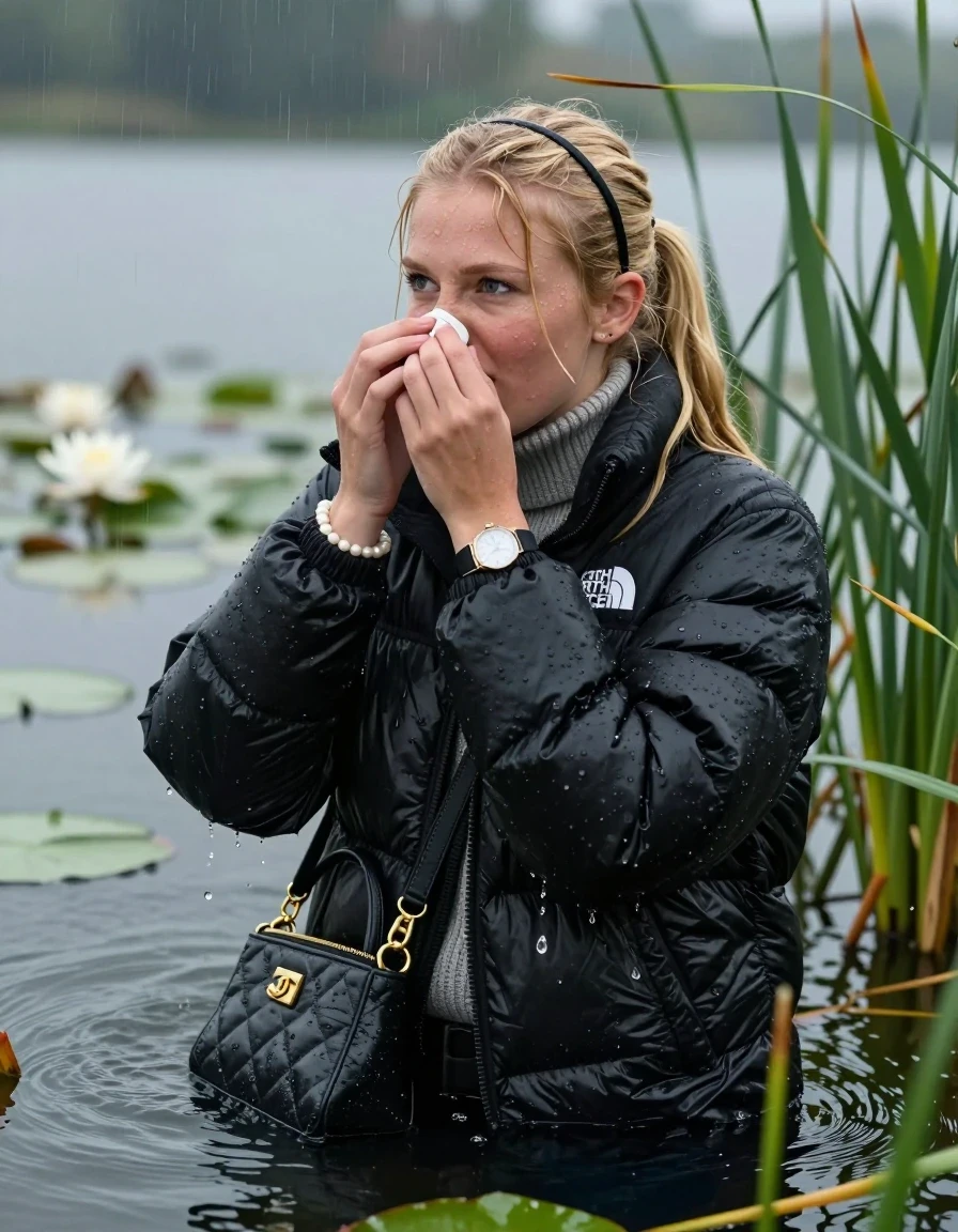 photo of young woman, in soaking wet, drenched clothes,
, , Black puffer down jacket from north face,  knit turtleneck sweater, handbag, pearl necklace, bracelet, wristwatch , Emerging after diving in a lake with water lilies and reeds, rain , 
enjoying, wet clothes stuck to body,
detailed textures of the wet clothes, wet face, wet plastered hair,
wet, drenched, professional, high-quality details, full body view.
sharp focus, ultra-high pixel detail, realistic, high-quality, full colors, incredibly detailed, 4k, 8k, 16k, hyper-realistic, RAW photo, masterpiece, ultra-detailed, professionally color graded, professional photograph, Blonde Sleek long ponytail with bangs, hairband

18-years-old  teenage girl

Hold her nose, closed mouth, half closed eyes, looking up

she is completely underwater up to her neck, shocked expression.

She hides in the reeds and is surprised by spectators

her submerged clothes are hardly vusible under water, she soaked her handbag into the water

close up view, wet skin, wet clothes, wet hair, damp fabric, water runs down the clothes, wet skin, wet clothes, damp fabric, wet skin, wet clothes, damp fabric, wet skin, wet clothes, damp fabric, wet skin, wet clothes, damp fabric, wet skin, wet clothes, damp fabric, wet skin, wet clothes, damp fabric, wet skin, wet clothes, damp fabric, wet skin, wet clothes, damp fabric, wet skin, wet clothes, damp fabric, wet skin, wet clothes, damp fabric, wet skin, wet clothes, damp fabric, wet skin, wet clothes, damp fabric