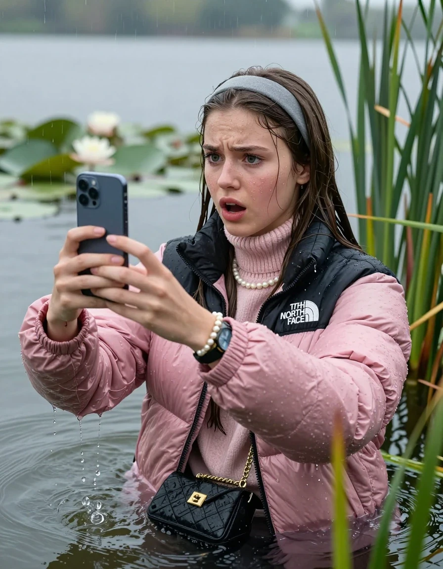 photo of young woman, in soaking wet, drenched clothes,
, , Light pink puffer down jacket from north face,  knit turtleneck sweater, handbag, pearl necklace, bracelet, wristwatch , Emerging after diving in a lake with water lilies and reeds, rain , 
enjoying, wet clothes stuck to body,
detailed textures of the wet clothes, wet face, wet plastered hair,
wet, drenched, professional, high-quality details, full body view.
sharp focus, ultra-high pixel detail, realistic, high-quality, full colors, incredibly detailed, 4k, 8k, 16k, hyper-realistic, RAW photo, masterpiece, ultra-detailed, professionally color graded, professional photograph, Sleek long straight hair, hairband

19 years old  teenage girl

open mouth, big eyes, hold her smartphone in her hands while sinking under water and take a selfie 

she is completely underwater up to her neck, worried and embarassed expression.

She hides in the reeds and is surprised by spectators

her submerged clothes are hardly vusible under water, she soaked her handbag into the water

close up view, wet skin, wet clothes, wet hair, damp fabric, water runs down the clothes, wet skin, wet clothes, damp fabric, wet skin, wet clothes, damp fabric, wet skin, wet clothes, damp fabric, wet skin, wet clothes, damp fabric, wet skin, wet clothes, damp fabric, wet skin, wet clothes, damp fabric, wet skin, wet clothes, damp fabric, wet skin, wet clothes, damp fabric, wet skin, wet clothes, damp fabric, wet skin, wet clothes, damp fabric, wet skin, wet clothes, damp fabric, wet skin, wet clothes, damp fabric, wet skin, wet clothes, damp fabric