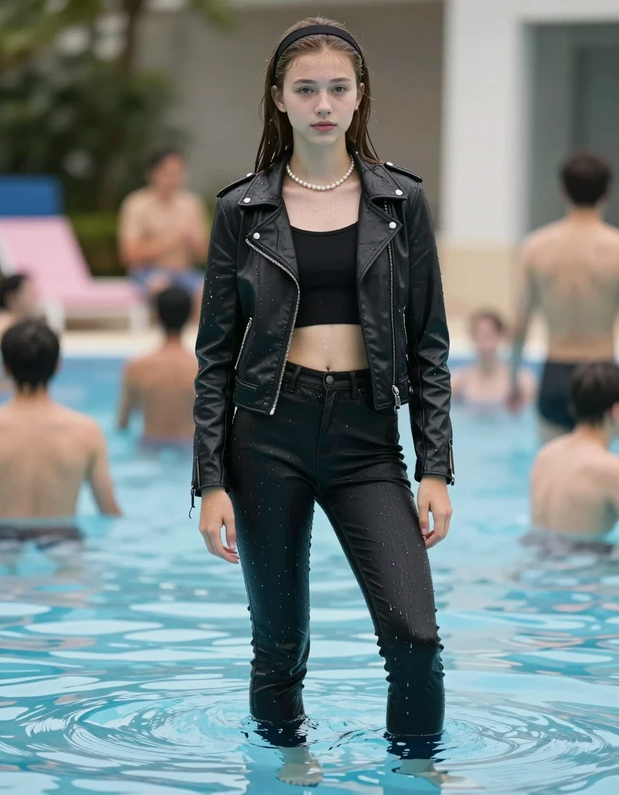 photo of young woman, in soaking wet, drenched clothes,
pumps, soaking wet tight skinny jeans, Black biker leatherjacket, crop top, Pearl necklace, standing waste deep in a crowded pool, 
enjoying, wet clothes stuck to body,
detailed textures of the wet clothes, wet face, wet plastered hair,
wet, drenched, professional, high-quality details, full body view.
sharp focus, ultra-high pixel detail, realistic, high-quality, full colors, incredibly detailed, 4k, 8k, 16k, hyper-realistic, RAW photo, masterpiece, ultra-detailed, professionally color graded, professional photograph, A realistic vertical fashion photograph of a 15-years-old young teenage girl. sleek long straight hair with hairband. looking at camera., wet skin, wet clothes, damp fabric, wet skin, wet clothes, damp fabric