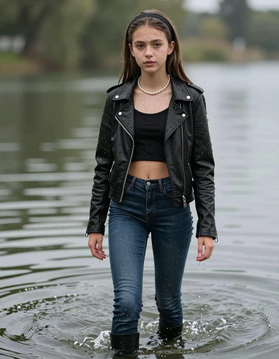 photo of young woman, in soaking wet, drenched clothes,
pumps, soaking wet tight skinny jeans, Black biker leatherjacket, crop top, Pearl necklace, water surface, 
enjoying, wet clothes stuck to body,
detailed textures of the wet clothes, wet face, wet plastered hair,
wet, drenched, professional, high-quality details, full body view.
sharp focus, ultra-high pixel detail, realistic, high-quality, full colors, incredibly detailed, 4k, 8k, 16k, hyper-realistic, RAW photo, masterpiece, ultra-detailed, professionally color graded, professional photograph, A realistic vertical fashion photograph of a 15-years-old young teenage girl. sleek long straight hair with hairband. looking at camera., wet skin, wet clothes, damp fabric, wet skin, wet clothes, damp fabric
