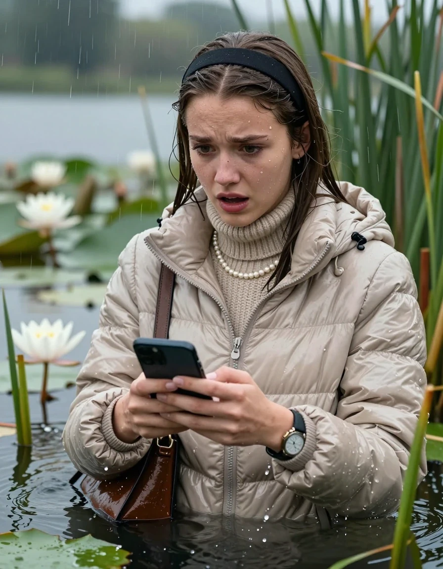 photo of young woman, in soaking wet, drenched clothes,
, , Light beige shiny puffer down jacket from monclare,  knit turtleneck sweater, handbag, pearl necklace, bracelet, wristwatch , Emerging after diving in a lake with water lilies and reeds, rain , 
enjoying, wet clothes stuck to body,
detailed textures of the wet clothes, wet face, wet plastered hair,
wet, drenched, professional, high-quality details, full body view.
sharp focus, ultra-high pixel detail, realistic, high-quality, full colors, incredibly detailed, 4k, 8k, 16k, hyper-realistic, RAW photo, masterpiece, ultra-detailed, professionally color graded, professional photograph, Sleek long straight hair, hairband

19 years old  teenage girl

open mouth, big eyes, hold her smartphone in her hands while sinking under water

she is completely underwater up to her neck, frustrated and sad expression.

She hides in the reeds and is surprised by spectators

her submerged clothes are hardly vusible under water, she soaked her handbag into the water

close up view, wet skin, wet clothes, wet hair, damp fabric, water runs down the clothes, wet skin, wet clothes, damp fabric, wet skin, wet clothes, damp fabric, wet skin, wet clothes, damp fabric, wet skin, wet clothes, damp fabric, wet skin, wet clothes, damp fabric, wet skin, wet clothes, damp fabric, wet skin, wet clothes, damp fabric, wet skin, wet clothes, damp fabric, wet skin, wet clothes, damp fabric, wet skin, wet clothes, damp fabric, wet skin, wet clothes, damp fabric, wet skin, wet clothes, damp fabric, wet skin, wet clothes, damp fabric