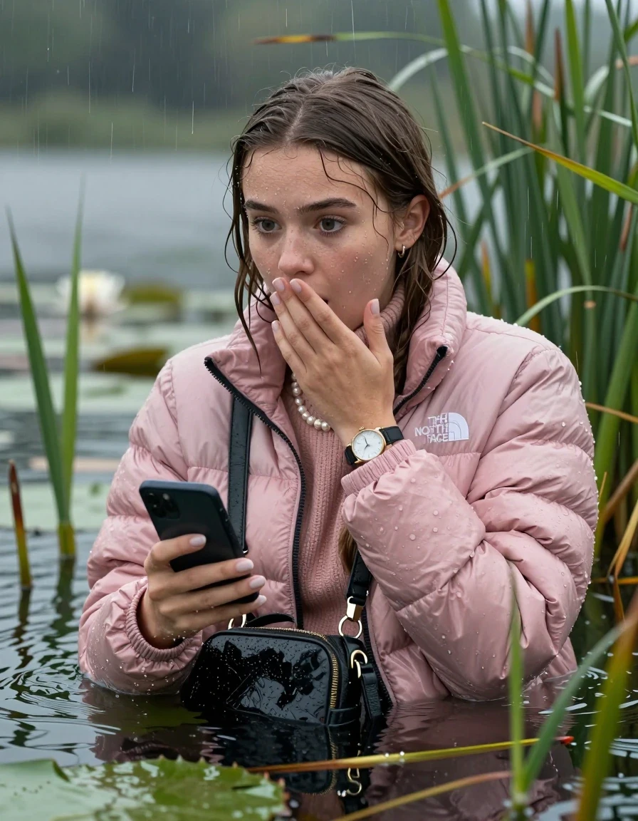 photo of young woman, in soaking wet, drenched clothes,
, , Light pink puffer down jacket from north face,  knit turtleneck sweater, handbag, pearl necklace, bracelet, wristwatch , Emerging after diving in a lake with water lilies and reeds, rain , 
enjoying, wet clothes stuck to body,
detailed textures of the wet clothes, wet face, wet plastered hair,
wet, drenched, professional, high-quality details, full body view.
sharp focus, ultra-high pixel detail, realistic, high-quality, full colors, incredibly detailed, 4k, 8k, 16k, hyper-realistic, RAW photo, masterpiece, ultra-detailed, professionally color graded, professional photograph, Brunette Sleek long straight hair

19 years old  teenage girl

open mouth, big eyes, cover her mouth with a hand and in the other hand her smartphone. Laying her breast on the surface.  Looking to the side.

she is completely underwater up to her neck, afraid and astonished expression.

She hides in the reeds and is surprised by spectators

her submerged clothes are hardly vusible under water, she soaked her handbag into the water

close up view, wet skin, wet clothes, wet hair, damp fabric, water runs down the clothes, wet skin, wet clothes, damp fabric, wet skin, wet clothes, damp fabric, wet skin, wet clothes, damp fabric, wet skin, wet clothes, damp fabric, wet skin, wet clothes, damp fabric, wet skin, wet clothes, damp fabric, wet skin, wet clothes, damp fabric, wet skin, wet clothes, damp fabric, wet skin, wet clothes, damp fabric, wet skin, wet clothes, damp fabric, wet skin, wet clothes, damp fabric, wet skin, wet clothes, damp fabric, wet skin, wet clothes, damp fabric, wet skin, wet clothes, damp fabric, wet skin, wet clothes, damp fabric