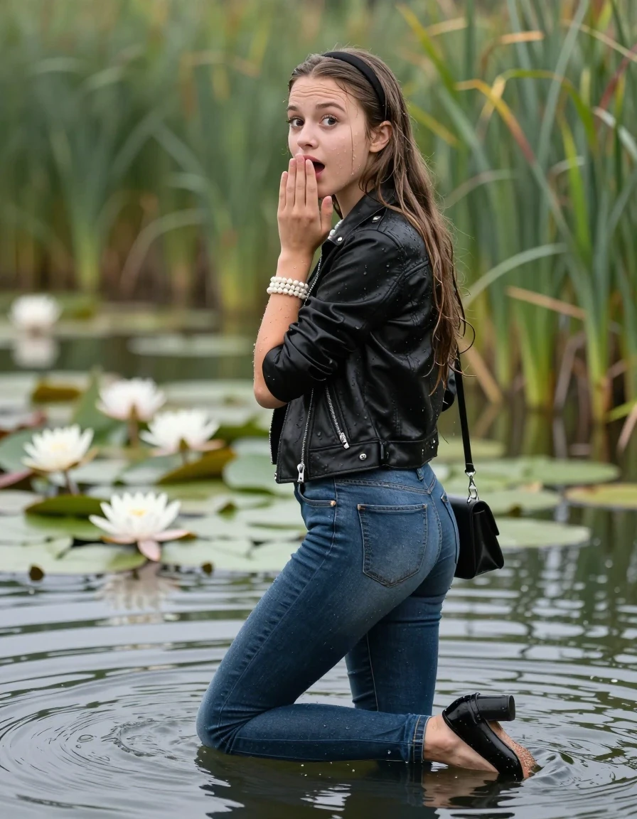 photo of young woman, in soaking wet, drenched clothes,
pumps, soaking wet tight skinny jeans, Black biker leatherjacket, crop top, Pearl necklace, bracelet, shoulderbag, looking from back to camera submerged in lake with water lilies and reeds, 
enjoying, wet clothes stuck to body,
detailed textures of the wet clothes, wet face, wet plastered hair,
wet, drenched, professional, high-quality details, full body view.
sharp focus, ultra-high pixel detail, realistic, high-quality, full colors, incredibly detailed, 4k, 8k, 16k, hyper-realistic, RAW photo, masterpiece, ultra-detailed, professionally color graded, professional photograph, A realistic vertical fashion photograph of a 15-years-old young teenage girl. afraid and astonished, open mouth, big eyes. holding her hand over her mouth. sleek long straight hair with hairband. looking at camera., wet skin, wet clothes, damp fabric, wet skin, wet clothes, damp fabric