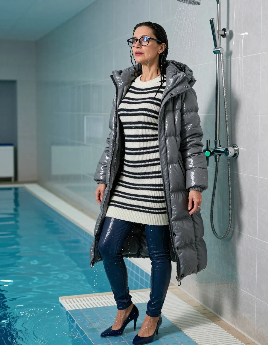 photo of young woman, in soaking wet, drenched clothes,
shoes, long blue leather jeans, WHITE & BLACK STRIPED sweater DRESS with neck, maxi gray DOWN JACKET, TAKING SHOWER, indoor swimming pool, enjoying wet clothes stuck body, 
enjoying, wet clothes stuck to body,
detailed textures of the wet clothes, wet face, wet plastered hair,
wet, drenched, professional, high-quality details, full body view.
sharp focus, ultra-high pixel detail, realistic, high-quality, full colors, incredibly detailed, 4k, 8k, 16k, hyper-realistic, RAW photo, masterpiece, ultra-detailed, professionally color graded, professional photograph, europen brunette skinny woman 50 years old, long dark black hair, very big and thick lips,  office glasses, complete body, wet skin, wet clothes, damp fabric, wet skin, wet clothes, damp fabric, wet skin, wet clothes, damp fabric, wet skin, wet clothes, damp fabric, wet skin, wet clothes, damp fabric