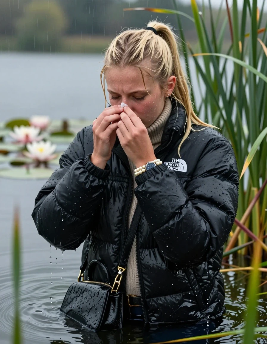 photo of young woman, in soaking wet, drenched clothes,
, , Black puffer down jacket from north face,  knit turtleneck sweater, handbag, pearl necklace, bracelet, wristwatch , Emerging after diving in a lake with water lilies and reeds, rain , 
enjoying, wet clothes stuck to body,
detailed textures of the wet clothes, wet face, wet plastered hair,
wet, drenched, professional, high-quality details, full body view.
sharp focus, ultra-high pixel detail, realistic, high-quality, full colors, incredibly detailed, 4k, 8k, 16k, hyper-realistic, RAW photo, masterpiece, ultra-detailed, professionally color graded, professional photograph, Blonde Sleek long ponytail with bangs, hairband

18-years-old  teenage girl

Hold her nose, closed mouth, half closed eyes

she is completely underwater up to her neck, shocked expression.

She hides in the reeds and is surprised by spectators

her submerged clothes are hardly vusible under water, she soaked her handbag into the water

close up view, wet skin, wet clothes, wet hair, damp fabric, water runs down the clothes, wet skin, wet clothes, damp fabric, wet skin, wet clothes, damp fabric, wet skin, wet clothes, damp fabric, wet skin, wet clothes, damp fabric, wet skin, wet clothes, damp fabric, wet skin, wet clothes, damp fabric, wet skin, wet clothes, damp fabric, wet skin, wet clothes, damp fabric, wet skin, wet clothes, damp fabric, wet skin, wet clothes, damp fabric, wet skin, wet clothes, damp fabric, wet skin, wet clothes, damp fabric