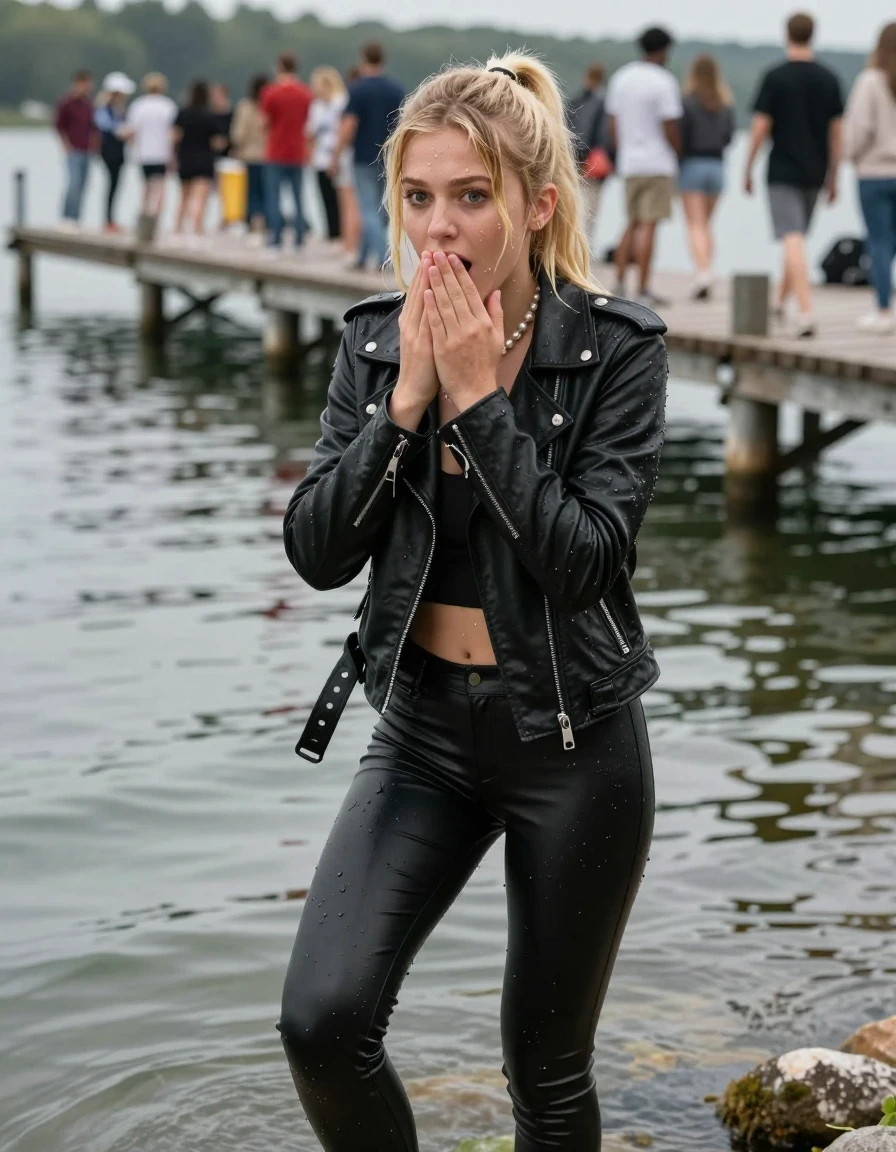 photo of young woman, in soaking wet, drenched clothes,
, Black leatherleggings , Black biker leatherjacket, crop top, Pearl necklace, Climbing out of a lake near a crowded Pier , 
enjoying, wet clothes stuck to body,
detailed textures of the wet clothes, wet face, wet plastered hair,
wet, drenched, professional, high-quality details, full body view.
sharp focus, ultra-high pixel detail, realistic, high-quality, full colors, incredibly detailed, 4k, 8k, 16k, hyper-realistic, RAW photo, masterpiece, ultra-detailed, professionally color graded, professional photograph, A realistic vertical fashion photograph of a 15-years-old young teenage girl, positioned in the center of the frame. Blonde ponytail and bangs. Hold her hands on her mouth. Afraid and astonished, open mouth, big eyes. looking at camera., wet skin, wet clothes, damp fabric, wet skin, wet clothes, damp fabric