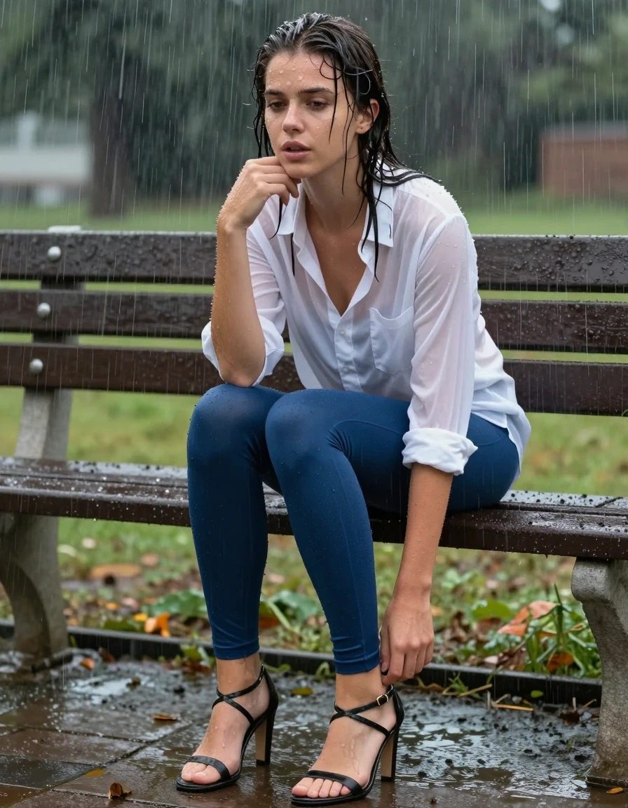 photo of young woman, in soaking wet, drenched clothes,
Strappy heels , Blue leggings , White blouse , Bench, 
enjoying, wet clothes stuck to body,
detailed textures of the wet clothes, wet face, wet plastered hair,
wet, drenched, professional, high-quality details, full body view.
sharp focus, ultra-high pixel detail, realistic, high-quality, full colors, incredibly detailed, 4k, 8k, 16k, hyper-realistic, RAW photo, masterpiece, ultra-detailed, professionally color graded, professional photograph, Storm, wet skin, wet clothes, damp fabric