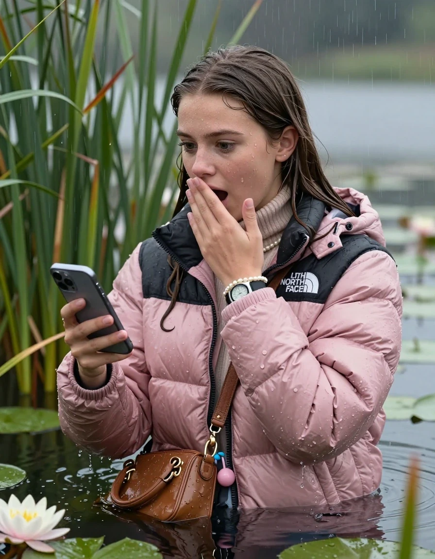 photo of young woman, in soaking wet, drenched clothes,
, , Light pink puffer down jacket from north face,  knit turtleneck sweater, handbag, pearl necklace, bracelet, wristwatch , Emerging after diving in a lake with water lilies and reeds, rain , 
enjoying, wet clothes stuck to body,
detailed textures of the wet clothes, wet face, wet plastered hair,
wet, drenched, professional, high-quality details, full body view.
sharp focus, ultra-high pixel detail, realistic, high-quality, full colors, incredibly detailed, 4k, 8k, 16k, hyper-realistic, RAW photo, masterpiece, ultra-detailed, professionally color graded, professional photograph, Brunette Sleek long straight hair

19 years old  teenage girl

open mouth, big eyes, cover her mouth with a hand and in the other hand her smartphone. Looking to the side.

she is completely underwater up to her neck, afraid and astonished expression.

She hides in the reeds and is surprised by spectators

her submerged clothes are hardly vusible under water, she soaked her handbag into the water

close up view, wet skin, wet clothes, wet hair, damp fabric, water runs down the clothes, wet skin, wet clothes, damp fabric, wet skin, wet clothes, damp fabric, wet skin, wet clothes, damp fabric, wet skin, wet clothes, damp fabric, wet skin, wet clothes, damp fabric, wet skin, wet clothes, damp fabric, wet skin, wet clothes, damp fabric, wet skin, wet clothes, damp fabric, wet skin, wet clothes, damp fabric, wet skin, wet clothes, damp fabric, wet skin, wet clothes, damp fabric, wet skin, wet clothes, damp fabric, wet skin, wet clothes, damp fabric, wet skin, wet clothes, damp fabric, wet skin, wet clothes, damp fabric