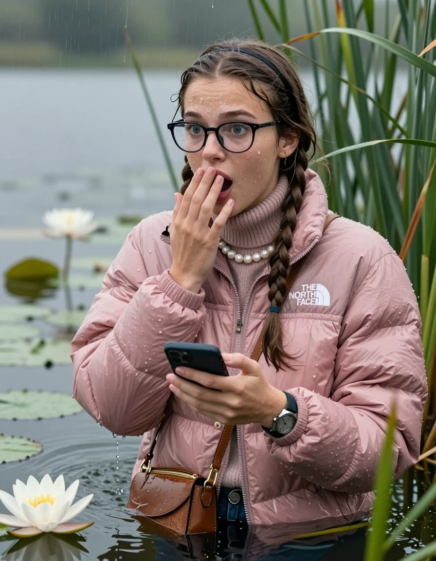 photo of young woman, in soaking wet, drenched clothes,
, , Light pink puffer down jacket from north face,  knit turtleneck sweater, handbag, pearl necklace, bracelet, wristwatch, glasses, Emerging after diving in a lake with water lilies and reeds, rain , 
enjoying, wet clothes stuck to body,
detailed textures of the wet clothes, wet face, wet plastered hair,
wet, drenched, professional, high-quality details, full body view.
sharp focus, ultra-high pixel detail, realistic, high-quality, full colors, incredibly detailed, 4k, 8k, 16k, hyper-realistic, RAW photo, masterpiece, ultra-detailed, professionally color graded, professional photograph, Two sleek long braids, hairband

19 years old  teenage girl

open mouth, big eyes, hold one hand over her mouth and in the other hand her smartphone. Looking to the side.

she is completely underwater up to her neck, afraid and astonished expression.

She hides in the reeds and is surprised by spectators

her submerged clothes are hardly vusible under water, she soaked her handbag into the water

close up view, wet skin, wet clothes, wet hair, damp fabric, water runs down the clothes, wet skin, wet clothes, damp fabric, wet skin, wet clothes, damp fabric, wet skin, wet clothes, damp fabric, wet skin, wet clothes, damp fabric, wet skin, wet clothes, damp fabric, wet skin, wet clothes, damp fabric, wet skin, wet clothes, damp fabric, wet skin, wet clothes, damp fabric, wet skin, wet clothes, damp fabric, wet skin, wet clothes, damp fabric, wet skin, wet clothes, damp fabric, wet skin, wet clothes, damp fabric, wet skin, wet clothes, damp fabric, wet skin, wet clothes, damp fabric