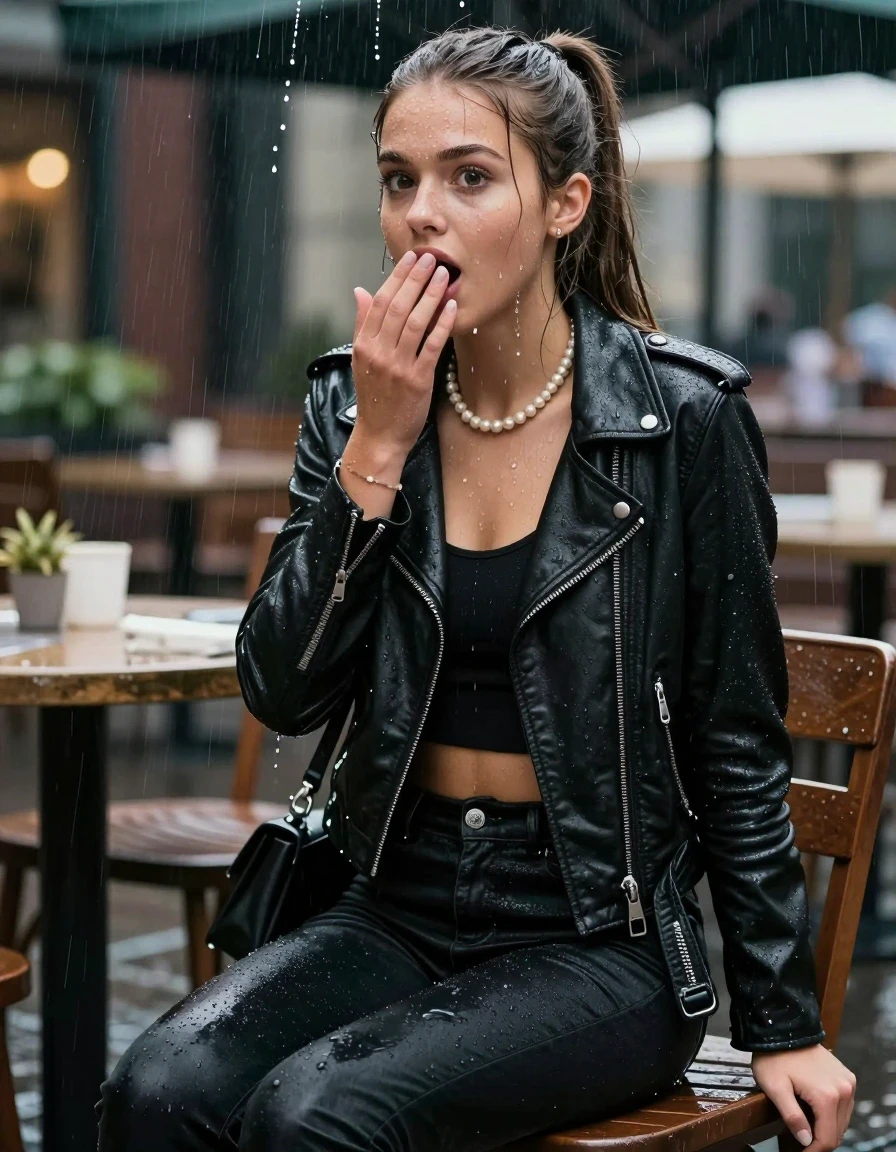 photo of young woman, in soaking wet, drenched clothes,
,  tight black skinny jeans, Black biker leatherjacket, crop top, Pearl necklace, bracelet, shoulderbag, sitting under heavy rain at outdoor restaurant, enjoying wet clothes stuck body, 
enjoying, wet clothes stuck to body,
detailed textures of the wet clothes, wet face, wet plastered hair,
wet, drenched, professional, high-quality details, full body view.
sharp focus, ultra-high pixel detail, realistic, high-quality, full colors, incredibly detailed, 4k, 8k, 16k, hyper-realistic, RAW photo, masterpiece, ultra-detailed, professionally color graded, professional photograph, 15-years-old young teenage girl. afraid and astonished, open mouth, big eyes. holding her hand over her mouth. sleek long ponytail, wet skin, wet clothes, water runs from her body and her clothes in streams. A lot of water also runs out of her clothes. Her clothes are darkened by the water. Her submerged clothes are clinging wet.  fabric, wet skin, wet clothes, damp fabric