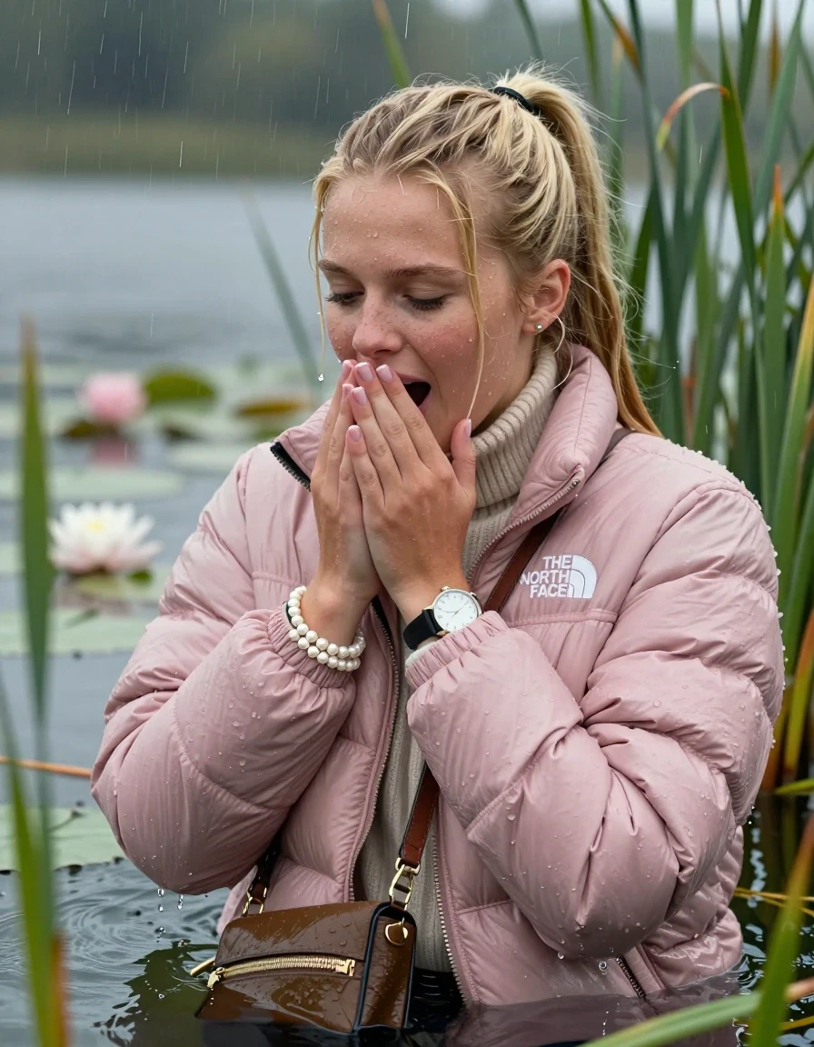 photo of young woman, in soaking wet, drenched clothes,
, , Light pink puffer down jacket from north face,  knit turtleneck sweater, handbag, pearl necklace, bracelet, wristwatch , Emerging after diving in a lake with water lilies and reeds, rain , 
enjoying, wet clothes stuck to body,
detailed textures of the wet clothes, wet face, wet plastered hair,
wet, drenched, professional, high-quality details, full body view.
sharp focus, ultra-high pixel detail, realistic, high-quality, full colors, incredibly detailed, 4k, 8k, 16k, hyper-realistic, RAW photo, masterpiece, ultra-detailed, professionally color graded, professional photograph, Blonde Sleek long ponytail with bangs, hairband

18-years-old  teenage girl

Hold her hands over her mouth, open mouth, half closed eyes

she is completely underwater up to her neck, shocked expression.

She hides in the reeds and is surprised by spectators

her submerged clothes are hardly vusible under water, she soaked her handbag into the water

close up view, wet skin, wet clothes, wet hair, damp fabric, water runs down the clothes, wet skin, wet clothes, damp fabric, wet skin, wet clothes, damp fabric, wet skin, wet clothes, damp fabric, wet skin, wet clothes, damp fabric, wet skin, wet clothes, damp fabric, wet skin, wet clothes, damp fabric, wet skin, wet clothes, damp fabric, wet skin, wet clothes, damp fabric, wet skin, wet clothes, damp fabric, wet skin, wet clothes, damp fabric, wet skin, wet clothes, damp fabric, wet skin, wet clothes, damp fabric