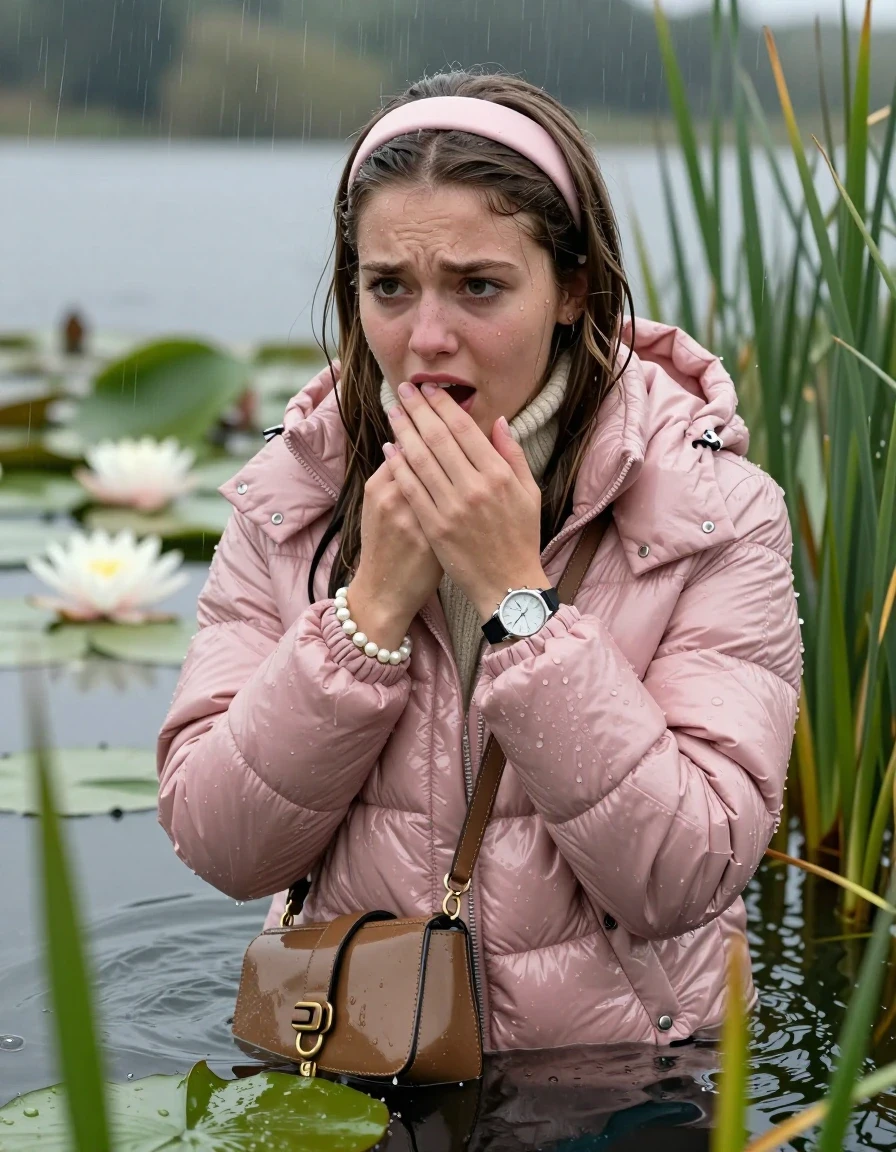 photo of young woman, in soaking wet, drenched clothes,
, , Light pink shiny puffer down jacket from monclare,  knit turtleneck sweater, handbag, pearl necklace, bracelet, wristwatch , Emerging after diving in a lake with water lilies and reeds, rain , 
enjoying, wet clothes stuck to body,
detailed textures of the wet clothes, wet face, wet plastered hair,
wet, drenched, professional, high-quality details, full body view.
sharp focus, ultra-high pixel detail, realistic, high-quality, full colors, incredibly detailed, 4k, 8k, 16k, hyper-realistic, RAW photo, masterpiece, ultra-detailed, professionally color graded, professional photograph, Sleek long straight hair, hairband

19 years old  teenage girl

Hold her hand on her mouth, open mouth, big eyes

she is completely underwater up to her neck, frustrated and sad expression.

She hides in the reeds and is surprised by spectators

her submerged clothes are hardly vusible under water, she soaked her handbag into the water

close up view, wet skin, wet clothes, wet hair, damp fabric, water runs down the clothes, wet skin, wet clothes, damp fabric, wet skin, wet clothes, damp fabric, wet skin, wet clothes, damp fabric, wet skin, wet clothes, damp fabric, wet skin, wet clothes, damp fabric, wet skin, wet clothes, damp fabric, wet skin, wet clothes, damp fabric, wet skin, wet clothes, damp fabric, wet skin, wet clothes, damp fabric, wet skin, wet clothes, damp fabric, wet skin, wet clothes, damp fabric, wet skin, wet clothes, damp fabric, wet skin, wet clothes, damp fabric