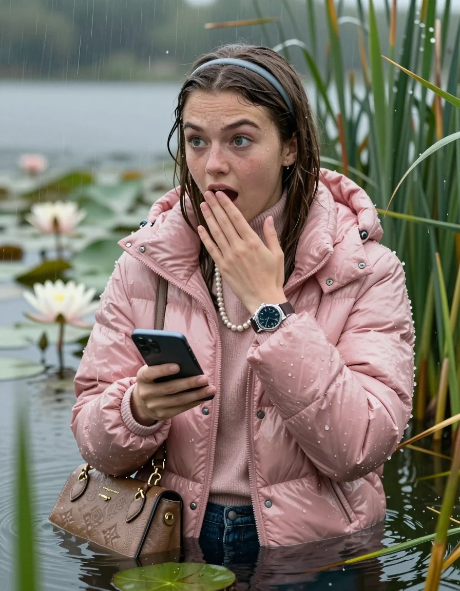 photo of young woman, in soaking wet, drenched clothes,
, , Light pink shiny puffer down jacket from monclare,  knit turtleneck sweater, handbag, pearl necklace, bracelet, wristwatch , Emerging after diving in a lake with water lilies and reeds, rain , 
enjoying, wet clothes stuck to body,
detailed textures of the wet clothes, wet face, wet plastered hair,
wet, drenched, professional, high-quality details, full body view.
sharp focus, ultra-high pixel detail, realistic, high-quality, full colors, incredibly detailed, 4k, 8k, 16k, hyper-realistic, RAW photo, masterpiece, ultra-detailed, professionally color graded, professional photograph, Sleek long straight hair, hairband

19 years old  teenage girl

open mouth, big eyes, hold one hand over her mouth and in the other hand her smartphone. Looking to the side.

she is completely underwater up to her neck, afraid and astonished expression.

She hides in the reeds and is surprised by spectators

her submerged clothes are hardly vusible under water, she soaked her handbag into the water

close up view, wet skin, wet clothes, wet hair, damp fabric, water runs down the clothes, wet skin, wet clothes, damp fabric, wet skin, wet clothes, damp fabric, wet skin, wet clothes, damp fabric, wet skin, wet clothes, damp fabric, wet skin, wet clothes, damp fabric, wet skin, wet clothes, damp fabric, wet skin, wet clothes, damp fabric, wet skin, wet clothes, damp fabric, wet skin, wet clothes, damp fabric, wet skin, wet clothes, damp fabric, wet skin, wet clothes, damp fabric, wet skin, wet clothes, damp fabric, wet skin, wet clothes, damp fabric, wet skin, wet clothes, damp fabric