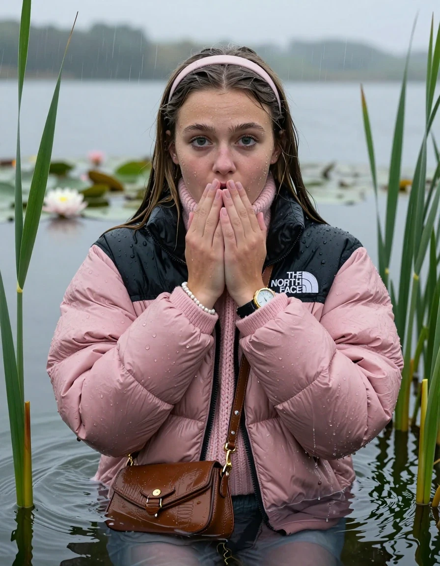 photo of young woman, in soaking wet, drenched clothes,
, , Light pink puffer down jacket from north face,  knit turtleneck sweater, handbag, pearl necklace, bracelet, wristwatch , knitted scarf, Emerging after diving in a lake with water lilies and reeds, rain , 
enjoying, wet clothes stuck to body,
detailed textures of the wet clothes, wet face, wet plastered hair,
wet, drenched, professional, high-quality details, full body view.
sharp focus, ultra-high pixel detail, realistic, high-quality, full colors, incredibly detailed, 4k, 8k, 16k, hyper-realistic, RAW photo, masterpiece, ultra-detailed, professionally color graded, professional photograph, Sleek long straight hair, hairband

19 years old  teenage girl

she is completely underwater up to her shoulders, careful and shy expression. Looking at camera. Hold a hand over her mouth. Open mouth, big eyes.

She hides in the reeds and is surprised by spectators

her submerged clothes are hardly vusible under water, she soaked her handbag into the water

close up view, wet skin, wet clothes, wet hair, damp fabric, water runs down the clothes, wet skin, wet clothes, damp fabric, wet skin, wet clothes, damp fabric, wet skin, wet clothes, damp fabric, wet skin, wet clothes, damp fabric, wet skin, wet clothes, damp fabric, wet skin, wet clothes, damp fabric, wet skin, wet clothes, damp fabric, wet skin, wet clothes, damp fabric, wet skin, wet clothes, damp fabric, wet skin, wet clothes, damp fabric, wet skin, wet clothes, damp fabric, wet skin, wet clothes, damp fabric, wet skin, wet clothes, damp fabric, wet skin, wet clothes, damp fabric