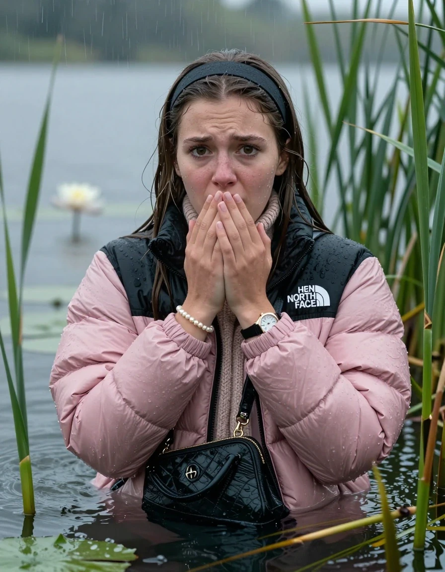 photo of young woman, in soaking wet, drenched clothes,
, , Light pink puffer down jacket from north face,  knit turtleneck sweater, handbag, pearl necklace, bracelet, wristwatch , Emerging after diving in a lake with water lilies and reeds, rain , 
enjoying, wet clothes stuck to body,
detailed textures of the wet clothes, wet face, wet plastered hair,
wet, drenched, professional, high-quality details, full body view.
sharp focus, ultra-high pixel detail, realistic, high-quality, full colors, incredibly detailed, 4k, 8k, 16k, hyper-realistic, RAW photo, masterpiece, ultra-detailed, professionally color graded, professional photograph, Sleek long straight hair, hairband

19 years old  teenage girl

Hold her hand on her mouth, open mouth, big eyes

she is completely underwater up to her neck, frustrated and sad expression.

She hides in the reeds and is surprised by spectators

her submerged clothes are hardly vusible under water, she soaked her handbag into the water

close up view, wet skin, wet clothes, wet hair, damp fabric, water runs down the clothes, wet skin, wet clothes, damp fabric, wet skin, wet clothes, damp fabric, wet skin, wet clothes, damp fabric, wet skin, wet clothes, damp fabric, wet skin, wet clothes, damp fabric, wet skin, wet clothes, damp fabric, wet skin, wet clothes, damp fabric, wet skin, wet clothes, damp fabric, wet skin, wet clothes, damp fabric, wet skin, wet clothes, damp fabric, wet skin, wet clothes, damp fabric, wet skin, wet clothes, damp fabric, wet skin, wet clothes, damp fabric