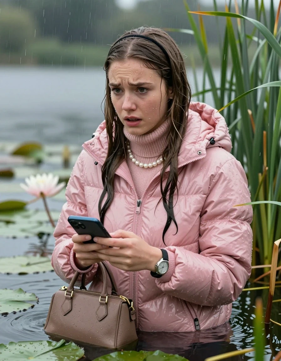 photo of young woman, in soaking wet, drenched clothes,
, , Light pink shiny puffer down jacket from monclare,  knit turtleneck sweater, handbag, pearl necklace, bracelet, wristwatch , Emerging after diving in a lake with water lilies and reeds, rain , 
enjoying, wet clothes stuck to body,
detailed textures of the wet clothes, wet face, wet plastered hair,
wet, drenched, professional, high-quality details, full body view.
sharp focus, ultra-high pixel detail, realistic, high-quality, full colors, incredibly detailed, 4k, 8k, 16k, hyper-realistic, RAW photo, masterpiece, ultra-detailed, professionally color graded, professional photograph, Sleek long straight hair, hairband

19 years old  teenage girl

open mouth, big eyes, hold her smartphone in her hands

she is completely underwater up to her neck, frustrated and sad expression.

She hides in the reeds and is surprised by spectators

her submerged clothes are hardly vusible under water, she soaked her handbag into the water

close up view, wet skin, wet clothes, wet hair, damp fabric, water runs down the clothes, wet skin, wet clothes, damp fabric, wet skin, wet clothes, damp fabric, wet skin, wet clothes, damp fabric, wet skin, wet clothes, damp fabric, wet skin, wet clothes, damp fabric, wet skin, wet clothes, damp fabric, wet skin, wet clothes, damp fabric, wet skin, wet clothes, damp fabric, wet skin, wet clothes, damp fabric, wet skin, wet clothes, damp fabric, wet skin, wet clothes, damp fabric, wet skin, wet clothes, damp fabric, wet skin, wet clothes, damp fabric, wet skin, wet clothes, damp fabric