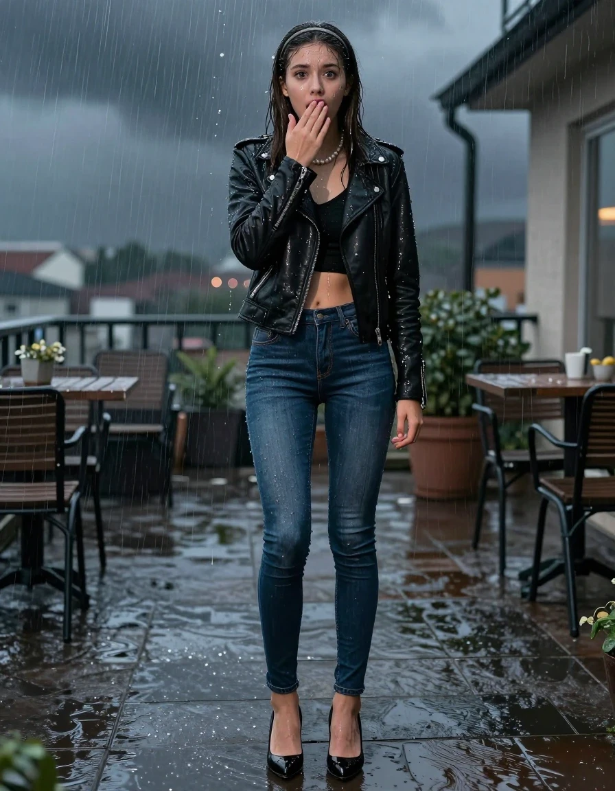 photo of young woman, in soaking wet, drenched clothes,
pumps, soaking wet tight skinny jeans, Black biker leatherjacket, crop top, Pearl necklace, fully drenched with water at the terraceat night in thunderstorm, 
enjoying, wet clothes stuck to body,
detailed textures of the wet clothes, wet face, wet plastered hair,
wet, drenched, professional, high-quality details, full body view.
sharp focus, ultra-high pixel detail, realistic, high-quality, full colors, incredibly detailed, 4k, 8k, 16k, hyper-realistic, RAW photo, masterpiece, ultra-detailed, professionally color graded, professional photograph, A realistic vertical fashion photograph of a 15-years-old young teenage girl, positioned in the center of the frame. sleek long straight hair with hairband. Hold a hand over her mouth. Afraid and astonished, open mouth, big eyes. looking at camera., wet skin, wet clothes, damp fabric, wet skin, wet clothes, damp fabric