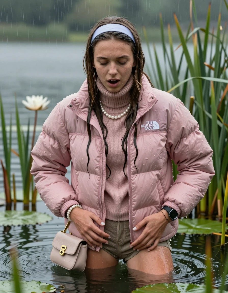 photo of young woman, in soaking wet, drenched clothes,
, , Light pink puffer down jacket from north face,  knit turtleneck sweater, handbag, pearl necklace, bracelet, wristwatch , knitted scarf, Emerging after diving in a lake with water lilies and reeds, rain , 
enjoying, wet clothes stuck to body,
detailed textures of the wet clothes, wet face, wet plastered hair,
wet, drenched, professional, high-quality details, full body view.
sharp focus, ultra-high pixel detail, realistic, high-quality, full colors, incredibly detailed, 4k, 8k, 16k, hyper-realistic, RAW photo, masterpiece, ultra-detailed, professionally color graded, professional photograph, Sleek long straight hair, hairband

19 years old  teenage girl

she is completely underwater up to her shoulders, careful and shy expression. Looking at camera. Hold her hands on her butt. Open mouth, closed eyes. Ducks into the water.

She hides in the reeds and is surprised by spectators

her submerged clothes are hardly vusible under water, she soaked her handbag into the water

close up view, wet skin, wet clothes, wet hair, damp fabric, water runs down the clothes, wet skin, wet clothes, damp fabric, wet skin, wet clothes, damp fabric, wet skin, wet clothes, damp fabric, wet skin, wet clothes, damp fabric, wet skin, wet clothes, damp fabric, wet skin, wet clothes, damp fabric, wet skin, wet clothes, damp fabric, wet skin, wet clothes, damp fabric, wet skin, wet clothes, damp fabric, wet skin, wet clothes, damp fabric, wet skin, wet clothes, damp fabric, wet skin, wet clothes, damp fabric, wet skin, wet clothes, damp fabric, wet skin, wet clothes, damp fabric