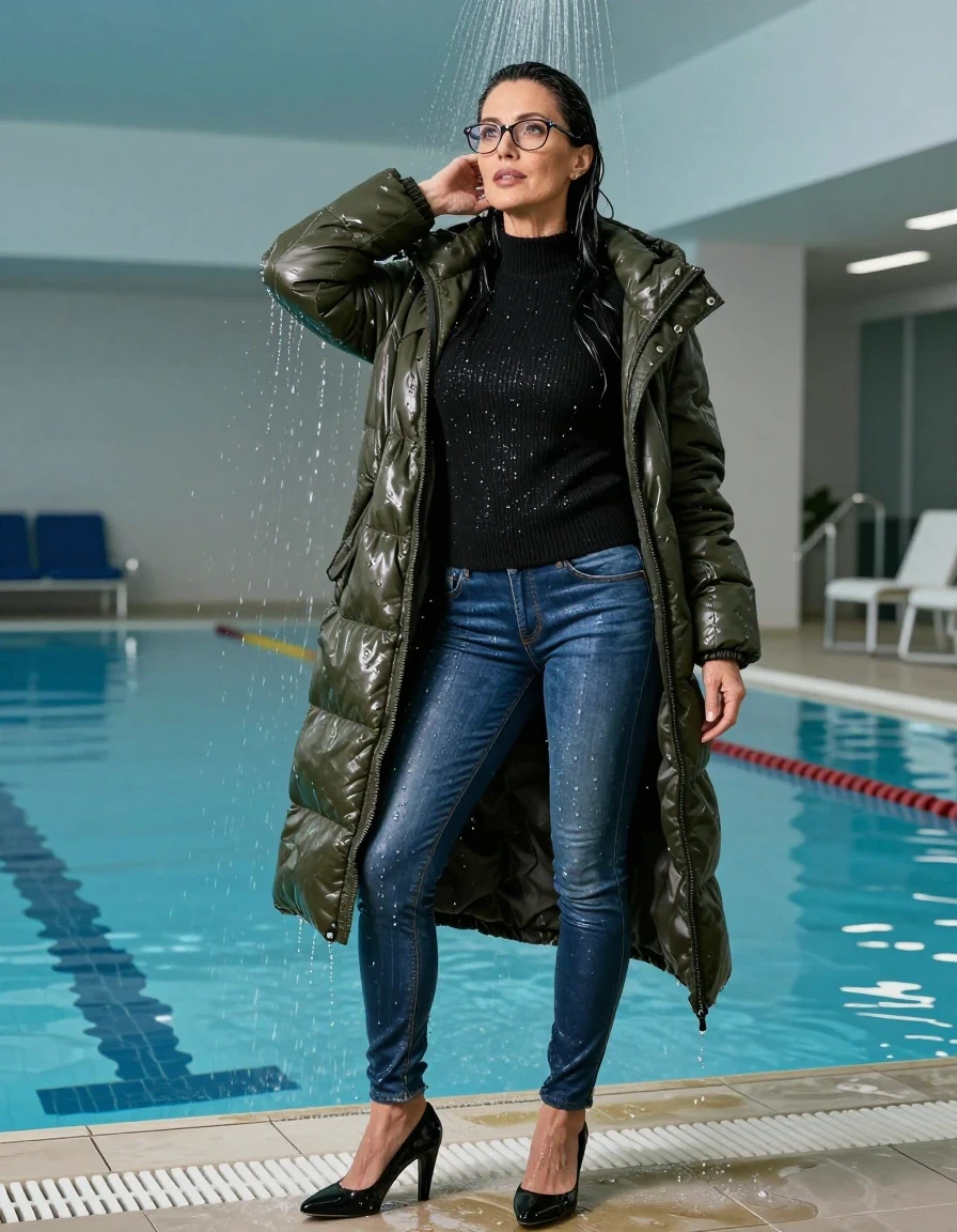 photo of young woman, in soaking wet, drenched clothes,
shoes, long blue leather jeans, BLACK sweater DRESS with neck, maxi dark green DOWN JACKET, TAKING SHOWER, indoor swimming pool, enjoying wet clothes stuck body, 
enjoying, wet clothes stuck to body,
detailed textures of the wet clothes, wet face, wet plastered hair,
wet, drenched, professional, high-quality details, full body view.
sharp focus, ultra-high pixel detail, realistic, high-quality, full colors, incredibly detailed, 4k, 8k, 16k, hyper-realistic, RAW photo, masterpiece, ultra-detailed, professionally color graded, professional photograph, europen brunette skinny woman 50 years old, long dark black hair, very big and thick lips,  office glasses, complete body, wet skin, wet clothes, damp fabric, wet skin, wet clothes, damp fabric, wet skin, wet clothes, damp fabric, wet skin, wet clothes, damp fabric, wet skin, wet clothes, damp fabric