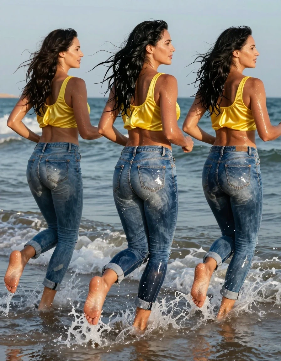 A cinematic, photorealistic wide shot of three gorgeous 30-year-old European women with long black hair, running through the shallow surf at a sun-drenched beach. Their skin is deeply tanned, glistening with seawater, and their long legs are bare and wet. They wear form-fitting, light blue denim jeans that are soaking-wet, water-saturated heavyweight denim; the blue has shifted to deep navy and indigo with substantially darker, unevenly soaked patches, heavy wet folds, and strong glossy specular reflections on the raised weave, seams, and creases. They are dressed in translucent, bright yellow satin tops that cling to their bodies, revealing their silhouettes. The women have athletic, fit figures with toned, curvy behinds. The scene captures them in mid-stride, splashing through the ocean waves, with water droplets spraying. Natural golden hour sunlight creates high-contrast highlights on their wet skin, hair, and the glossy, reflective surfaces of their sodden clothing. 8k resolution, highly detailed texture, hyper-realistic water physics, sharp focus, professional photography.