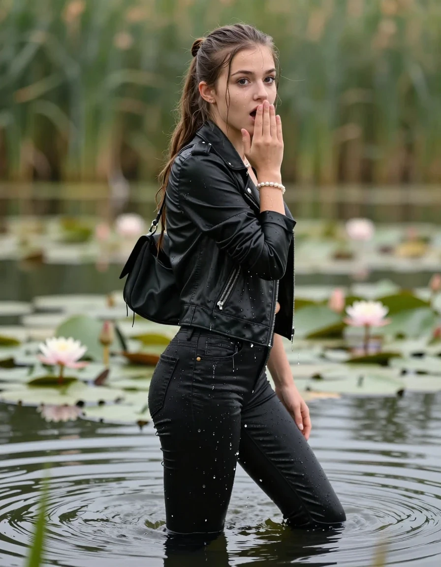 photo of young woman, in soaking wet, drenched clothes,
,  tight black skinny jeans, Black biker leatherjacket, crop top, Pearl necklace, bracelet, shoulderbag, looking from back to camera submerged up to neck in lake with water lilies and reeds, enjoying wet clothes stuck body, 
enjoying, wet clothes stuck to body,
detailed textures of the wet clothes, wet face, wet plastered hair,
wet, drenched, professional, high-quality details, full body view.
sharp focus, ultra-high pixel detail, realistic, high-quality, full colors, incredibly detailed, 4k, 8k, 16k, hyper-realistic, RAW photo, masterpiece, ultra-detailed, professionally color graded, professional photograph, A realistic vertical fashion photograph of a 15-years-old young teenage girl. afraid and astonished, open mouth, big eyes. holding her hand over her mouth. sleek long ponytail. looking at camera., wet skin, wet clothes, water runs from her body and her clothes in streams. A lot of water also runs out of her clothes. Her clothes are darkened by the water. Her submerged clothes are clinging wet.  fabric, wet skin, wet clothes, damp fabric