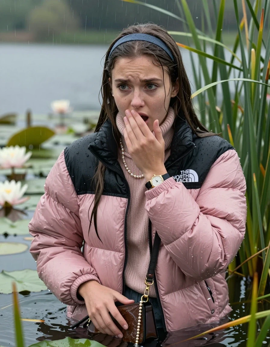 photo of young woman, in soaking wet, drenched clothes,
, , Light pink puffer down jacket from north face,  knit turtleneck sweater, handbag, pearl necklace, bracelet, wristwatch , Emerging after diving in a lake with water lilies and reeds, rain , 
enjoying, wet clothes stuck to body,
detailed textures of the wet clothes, wet face, wet plastered hair,
wet, drenched, professional, high-quality details, full body view.
sharp focus, ultra-high pixel detail, realistic, high-quality, full colors, incredibly detailed, 4k, 8k, 16k, hyper-realistic, RAW photo, masterpiece, ultra-detailed, professionally color graded, professional photograph, Sleek long straight hair, hairband

19 years old  teenage girl

Hold her hand on her mouth, open mouth, big eyes

she is completely underwater up to her neck, frustrated and sad expression.

She hides in the reeds and is surprised by spectators

her submerged clothes are hardly vusible under water, she soaked her handbag into the water

close up view, wet skin, wet clothes, wet hair, damp fabric, water runs down the clothes, wet skin, wet clothes, damp fabric, wet skin, wet clothes, damp fabric, wet skin, wet clothes, damp fabric, wet skin, wet clothes, damp fabric, wet skin, wet clothes, damp fabric, wet skin, wet clothes, damp fabric, wet skin, wet clothes, damp fabric, wet skin, wet clothes, damp fabric, wet skin, wet clothes, damp fabric, wet skin, wet clothes, damp fabric, wet skin, wet clothes, damp fabric, wet skin, wet clothes, damp fabric