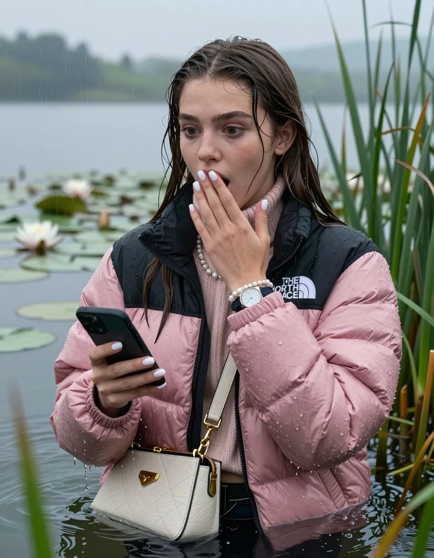 photo of young woman, in soaking wet, drenched clothes,
, , Light pink puffer down jacket from north face,  knit turtleneck sweater, handbag, pearl necklace, bracelet, wristwatch , french nails, Emerging after diving in a lake with water lilies and reeds, rain , 
enjoying, wet clothes stuck to body,
detailed textures of the wet clothes, wet face, wet plastered hair,
wet, drenched, professional, high-quality details, full body view.
sharp focus, ultra-high pixel detail, realistic, high-quality, full colors, incredibly detailed, 4k, 8k, 16k, hyper-realistic, RAW photo, masterpiece, ultra-detailed, professionally color graded, professional photograph, Brunette Sleek long straight hair

19 years old  teenage girl

open mouth, big eyes, hold one hand over her mouth and in the other hand her smartphone. Looking to the side.

she is completely underwater up to her neck, afraid and astonished expression.

She hides in the reeds and is surprised by spectators

her submerged clothes are hardly vusible under water, she soaked her handbag into the water

close up view, wet skin, wet clothes, wet hair, damp fabric, water runs down the clothes, wet skin, wet clothes, damp fabric, wet skin, wet clothes, damp fabric, wet skin, wet clothes, damp fabric, wet skin, wet clothes, damp fabric, wet skin, wet clothes, damp fabric, wet skin, wet clothes, damp fabric, wet skin, wet clothes, damp fabric, wet skin, wet clothes, damp fabric, wet skin, wet clothes, damp fabric, wet skin, wet clothes, damp fabric, wet skin, wet clothes, damp fabric, wet skin, wet clothes, damp fabric, wet skin, wet clothes, damp fabric, wet skin, wet clothes, damp fabric, wet skin, wet clothes, damp fabric
