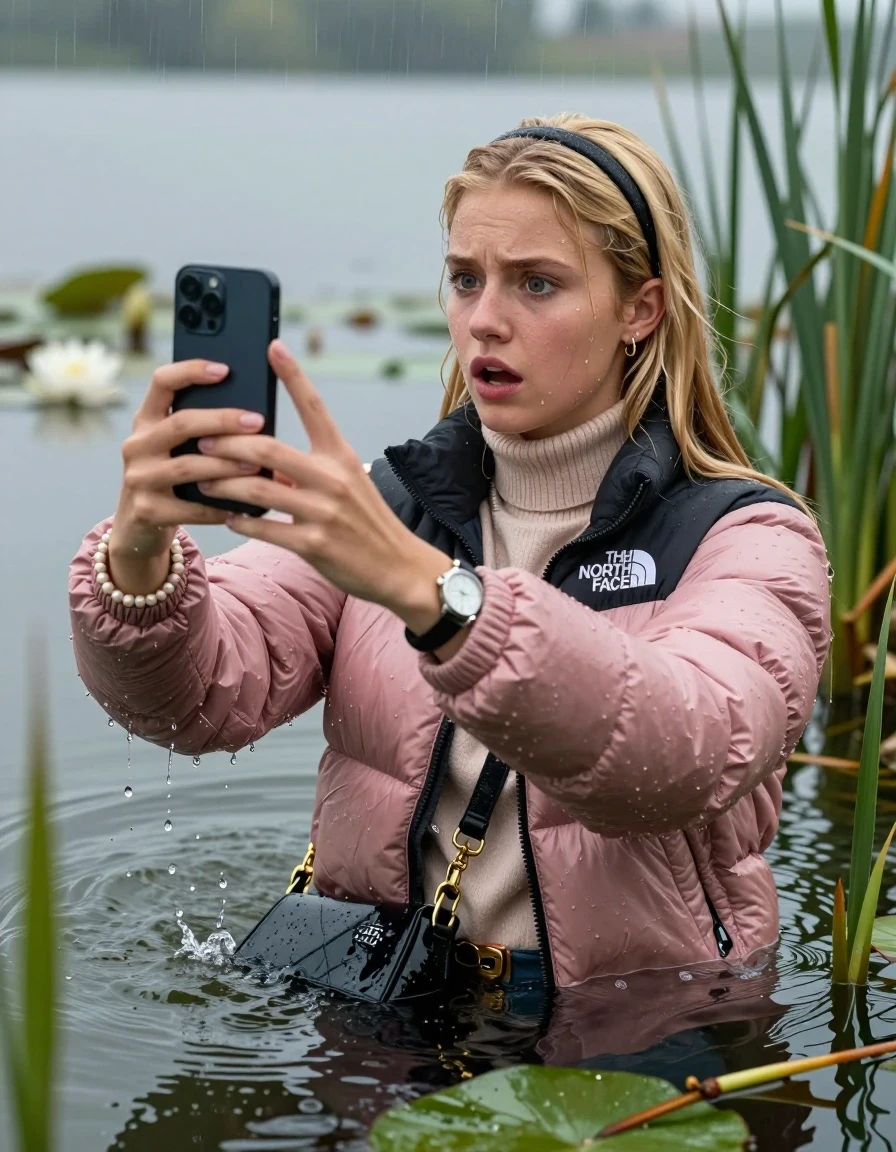 photo of young woman, in soaking wet, drenched clothes,
, , Light pink puffer down jacket from north face,  knit turtleneck sweater, handbag, pearl necklace, bracelet, wristwatch , Emerging after diving in a lake with water lilies and reeds, rain , 
enjoying, wet clothes stuck to body,
detailed textures of the wet clothes, wet face, wet plastered hair,
wet, drenched, professional, high-quality details, full body view.
sharp focus, ultra-high pixel detail, realistic, high-quality, full colors, incredibly detailed, 4k, 8k, 16k, hyper-realistic, RAW photo, masterpiece, ultra-detailed, professionally color graded, professional photograph, Blonde Sleek long straight hair, hairband

19 years old  teenage girl

open mouth, big eyes, hold her smartphone in her hands while sinking under water and take a selfie 

she is completely underwater up to her neck, worried and embarassed expression.

She hides in the reeds and is surprised by spectators

her submerged clothes are hardly vusible under water, she soaked her handbag into the water

close up view, wet skin, wet clothes, wet hair, damp fabric, water runs down the clothes, wet skin, wet clothes, damp fabric, wet skin, wet clothes, damp fabric, wet skin, wet clothes, damp fabric, wet skin, wet clothes, damp fabric, wet skin, wet clothes, damp fabric, wet skin, wet clothes, damp fabric, wet skin, wet clothes, damp fabric, wet skin, wet clothes, damp fabric, wet skin, wet clothes, damp fabric, wet skin, wet clothes, damp fabric, wet skin, wet clothes, damp fabric, wet skin, wet clothes, damp fabric, wet skin, wet clothes, damp fabric