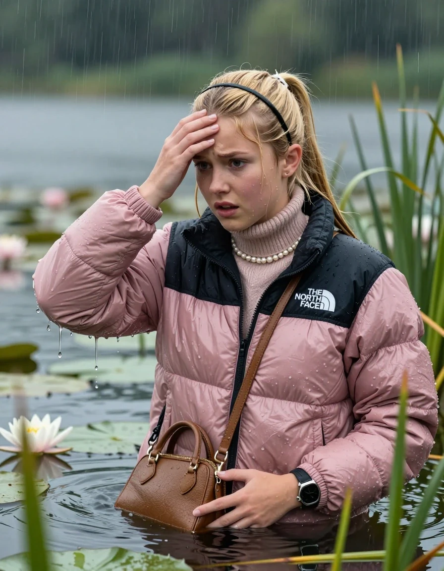 photo of young woman, in soaking wet, drenched clothes,
, , Light pink puffer down jacket from north face,  knit turtleneck sweater, handbag, pearl necklace, bracelet, wristwatch , Emerging after diving in a lake with water lilies and reeds, rain , 
enjoying, wet clothes stuck to body,
detailed textures of the wet clothes, wet face, wet plastered hair,
wet, drenched, professional, high-quality details, full body view.
sharp focus, ultra-high pixel detail, realistic, high-quality, full colors, incredibly detailed, 4k, 8k, 16k, hyper-realistic, RAW photo, masterpiece, ultra-detailed, professionally color graded, professional photograph, Blonde Sleek long ponytail with bangs, hairband

13-years-old  teenage girl

Hold her hand on her forehead, open mouth, big eyes

she is completely underwater up to her neck, frustrated and sad expression.

She hides in the reeds and is surprised by spectators

her submerged clothes are hardly vusible under water, she soaked her handbag into the water

close up view, wet skin, wet clothes, wet hair, damp fabric, water runs down the clothes, wet skin, wet clothes, damp fabric, wet skin, wet clothes, damp fabric, wet skin, wet clothes, damp fabric, wet skin, wet clothes, damp fabric, wet skin, wet clothes, damp fabric, wet skin, wet clothes, damp fabric, wet skin, wet clothes, damp fabric, wet skin, wet clothes, damp fabric, wet skin, wet clothes, damp fabric, wet skin, wet clothes, damp fabric, wet skin, wet clothes, damp fabric, wet skin, wet clothes, damp fabric