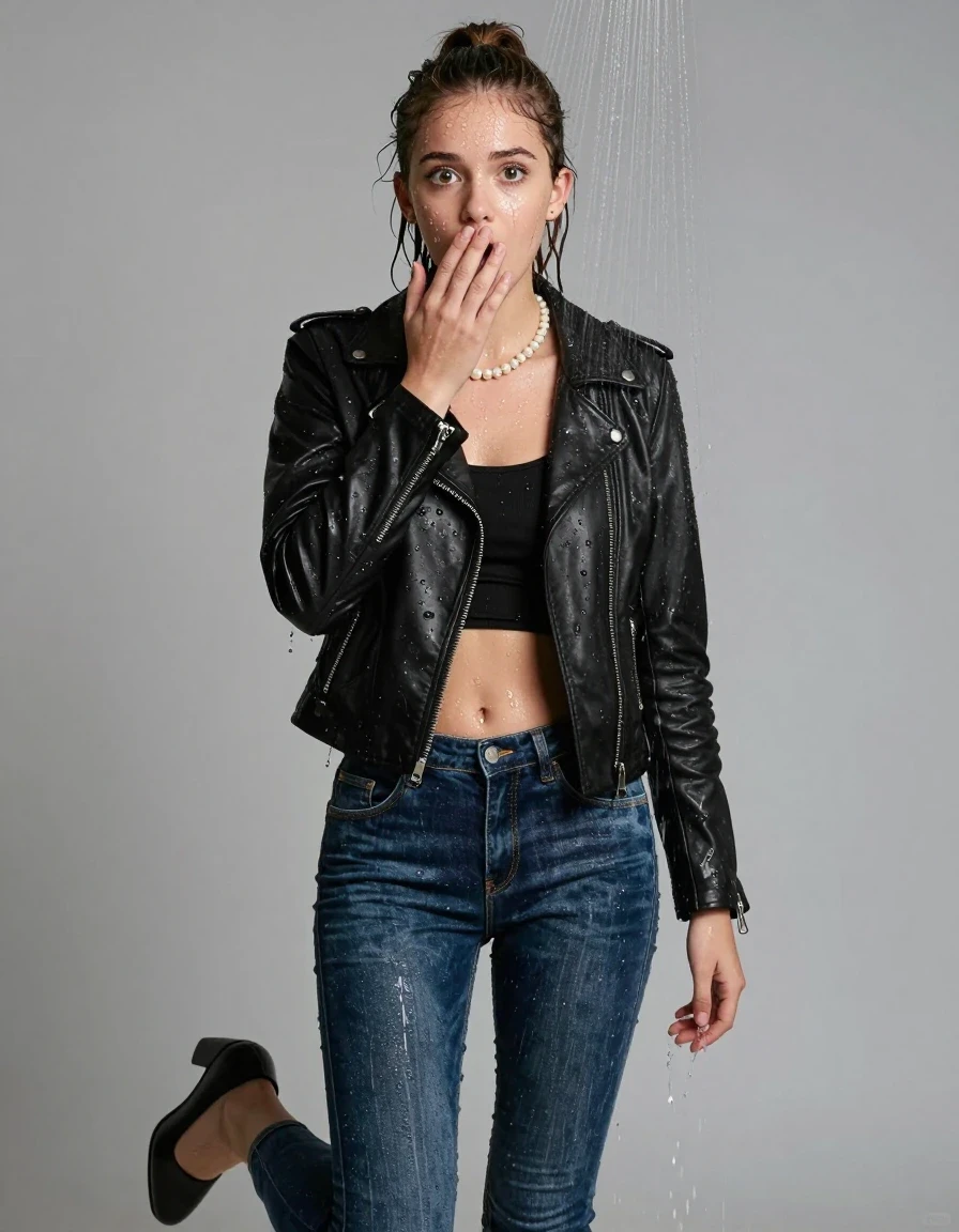 photo of young woman, in soaking wet, drenched clothes,
pumps, soaking wet tight skinny jeans, Black biker leatherjacket, crop top, Pearl necklace, under hot shower, 
enjoying, wet clothes stuck to body,
detailed textures of the wet clothes, wet face, wet plastered hair,
wet, drenched, professional, high-quality details, full body view.
sharp focus, ultra-high pixel detail, realistic, high-quality, full colors, incredibly detailed, 4k, 8k, 16k, hyper-realistic, RAW photo, masterpiece, ultra-detailed, professionally color graded, professional photograph, A realistic vertical fashion photograph of a 15-years-old young teenage girl, positioned in the center of the frame. ponytail and bangs. Hold a hand over her mouth and nose. Afraid and astonished, open mouth, big eyes. looking at camera., wet skin, wet clothes, damp fabric, wet skin, wet clothes, damp fabric