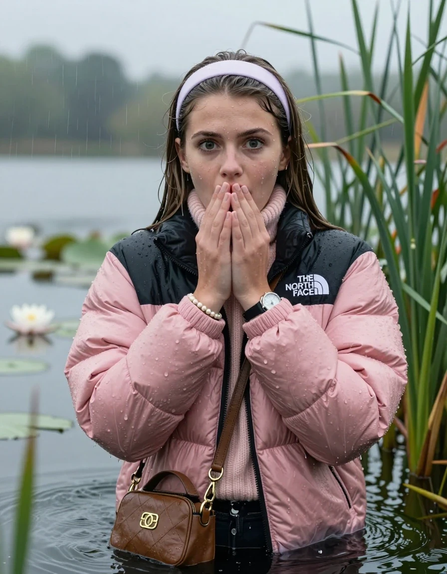 photo of young woman, in soaking wet, drenched clothes,
, , Light pink puffer down jacket from north face,  knit turtleneck sweater, handbag, pearl necklace, bracelet, wristwatch , Emerging after diving in a lake with water lilies and reeds, rain , 
enjoying, wet clothes stuck to body,
detailed textures of the wet clothes, wet face, wet plastered hair,
wet, drenched, professional, high-quality details, full body view.
sharp focus, ultra-high pixel detail, realistic, high-quality, full colors, incredibly detailed, 4k, 8k, 16k, hyper-realistic, RAW photo, masterpiece, ultra-detailed, professionally color graded, professional photograph, Sleek long straight hair, hairband

19 years old  teenage girl

Hold her hands on her mouth, open mouth, big eyes

she is completely underwater up to her neck, afraid  and astonished expression.

She hides in the reeds and is surprised by spectators

her submerged clothes are hardly vusible under water, she soaked her handbag into the water

close up view, wet skin, wet clothes, wet hair, damp fabric, water runs down the clothes, wet skin, wet clothes, damp fabric, wet skin, wet clothes, damp fabric, wet skin, wet clothes, damp fabric, wet skin, wet clothes, damp fabric, wet skin, wet clothes, damp fabric, wet skin, wet clothes, damp fabric, wet skin, wet clothes, damp fabric, wet skin, wet clothes, damp fabric, wet skin, wet clothes, damp fabric, wet skin, wet clothes, damp fabric, wet skin, wet clothes, damp fabric, wet skin, wet clothes, damp fabric