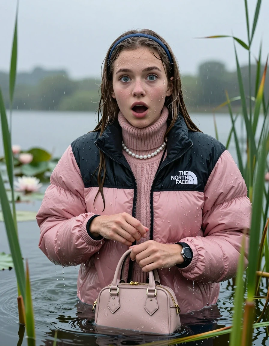 photo of young woman, in soaking wet, drenched clothes,
, , Light pink puffer down jacket from north face,  knit turtleneck sweater, handbag, pearl necklace, bracelet, wristwatch , Emerging after diving in a lake with water lilies and reeds, rain , 
enjoying, wet clothes stuck to body,
detailed textures of the wet clothes, wet face, wet plastered hair,
wet, drenched, professional, high-quality details, full body view.
sharp focus, ultra-high pixel detail, realistic, high-quality, full colors, incredibly detailed, 4k, 8k, 16k, hyper-realistic, RAW photo, masterpiece, ultra-detailed, professionally color graded, professional photograph, Sleek long straight hair, hairband

19 years old  teenage girl

Show the stink Finger, open mouth, big eyes

she is completely underwater up to her neck, afraid  and astonished expression.

She hides in the reeds and is surprised by spectators

her submerged clothes are hardly vusible under water, she soaked her handbag into the water

close up view, wet skin, wet clothes, wet hair, damp fabric, water runs down the clothes, wet skin, wet clothes, damp fabric, wet skin, wet clothes, damp fabric, wet skin, wet clothes, damp fabric, wet skin, wet clothes, damp fabric, wet skin, wet clothes, damp fabric, wet skin, wet clothes, damp fabric, wet skin, wet clothes, damp fabric, wet skin, wet clothes, damp fabric, wet skin, wet clothes, damp fabric, wet skin, wet clothes, damp fabric, wet skin, wet clothes, damp fabric, wet skin, wet clothes, damp fabric