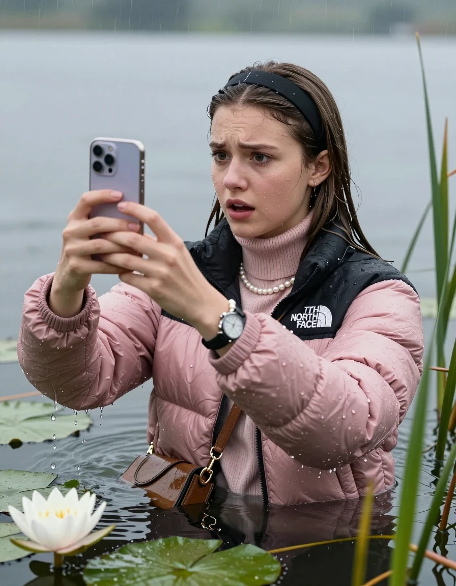 photo of young woman, in soaking wet, drenched clothes,
, , Light pink puffer down jacket from north face,  knit turtleneck sweater, handbag, pearl necklace, bracelet, wristwatch , Emerging after diving in a lake with water lilies and reeds, rain , 
enjoying, wet clothes stuck to body,
detailed textures of the wet clothes, wet face, wet plastered hair,
wet, drenched, professional, high-quality details, full body view.
sharp focus, ultra-high pixel detail, realistic, high-quality, full colors, incredibly detailed, 4k, 8k, 16k, hyper-realistic, RAW photo, masterpiece, ultra-detailed, professionally color graded, professional photograph, Sleek long straight hair, hairband

19 years old  teenage girl

open mouth, big eyes, hold her smartphone in her hands while sinking under water and take a selfie 

she is completely underwater up to her neck, worried and embarassed expression.

She hides in the reeds and is surprised by spectators

her submerged clothes are hardly vusible under water, she soaked her handbag into the water

close up view, wet skin, wet clothes, wet hair, damp fabric, water runs down the clothes, wet skin, wet clothes, damp fabric, wet skin, wet clothes, damp fabric, wet skin, wet clothes, damp fabric, wet skin, wet clothes, damp fabric, wet skin, wet clothes, damp fabric, wet skin, wet clothes, damp fabric, wet skin, wet clothes, damp fabric, wet skin, wet clothes, damp fabric, wet skin, wet clothes, damp fabric, wet skin, wet clothes, damp fabric, wet skin, wet clothes, damp fabric, wet skin, wet clothes, damp fabric, wet skin, wet clothes, damp fabric