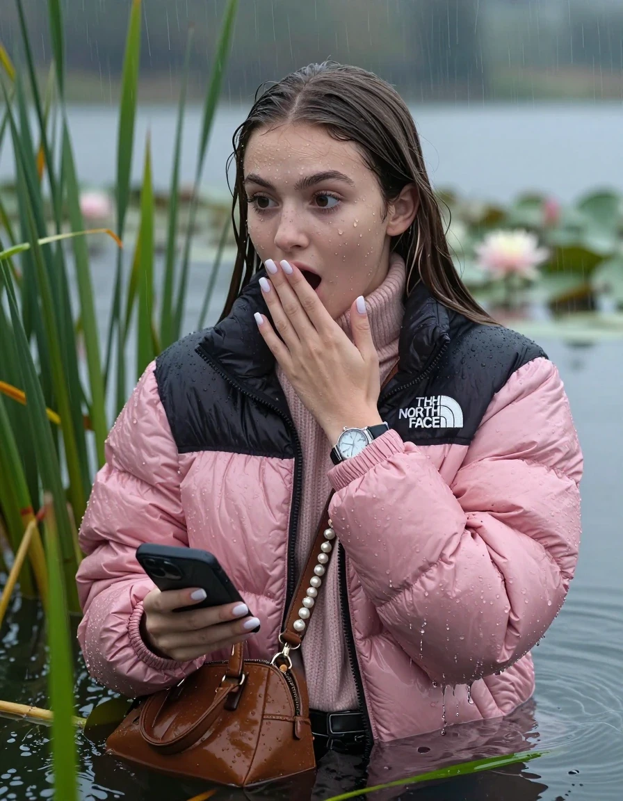 photo of young woman, in soaking wet, drenched clothes,
, , Light pink puffer down jacket from north face,  knit turtleneck sweater, handbag, pearl necklace, bracelet, wristwatch , french nails, Emerging after diving in a lake with water lilies and reeds, rain , 
enjoying, wet clothes stuck to body,
detailed textures of the wet clothes, wet face, wet plastered hair,
wet, drenched, professional, high-quality details, full body view.
sharp focus, ultra-high pixel detail, realistic, high-quality, full colors, incredibly detailed, 4k, 8k, 16k, hyper-realistic, RAW photo, masterpiece, ultra-detailed, professionally color graded, professional photograph, Brunette Sleek long straight hair

19 years old  teenage girl

open mouth, big eyes, hold one hand over her mouth and in the other hand her smartphone. Looking to the side.

she is completely underwater up to her neck, afraid and astonished expression.

She hides in the reeds and is surprised by spectators

her submerged clothes are hardly vusible under water, she soaked her handbag into the water

close up view, wet skin, wet clothes, wet hair, damp fabric, water runs down the clothes, wet skin, wet clothes, damp fabric, wet skin, wet clothes, damp fabric, wet skin, wet clothes, damp fabric, wet skin, wet clothes, damp fabric, wet skin, wet clothes, damp fabric, wet skin, wet clothes, damp fabric, wet skin, wet clothes, damp fabric, wet skin, wet clothes, damp fabric, wet skin, wet clothes, damp fabric, wet skin, wet clothes, damp fabric, wet skin, wet clothes, damp fabric, wet skin, wet clothes, damp fabric, wet skin, wet clothes, damp fabric, wet skin, wet clothes, damp fabric, wet skin, wet clothes, damp fabric