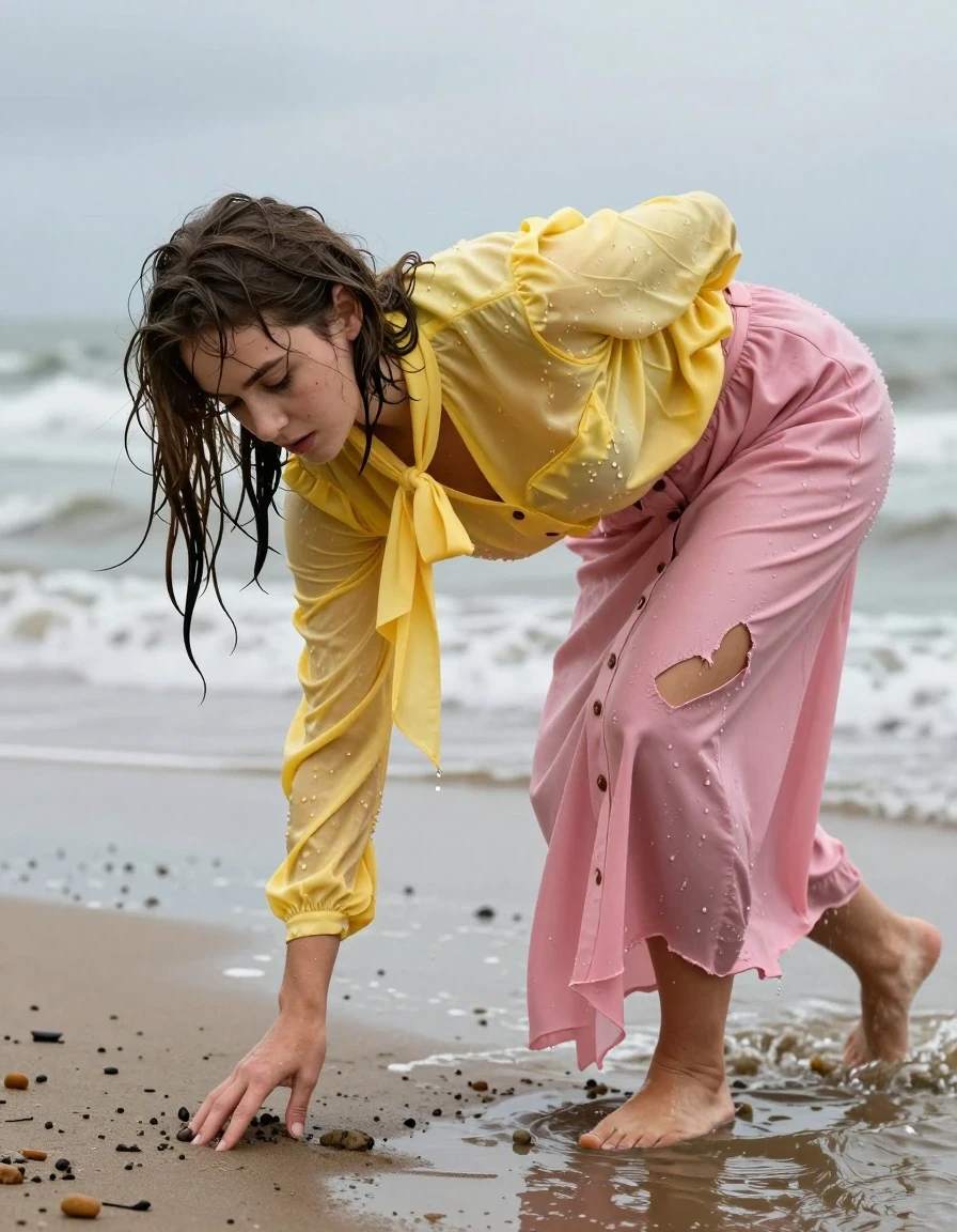 photo of young woman, in soaking wet, drenched clothes,
barefoot, buttoned down pink long skirt, oversized long sleeved yellow silk blouse with bowtie, north sea beach, 
enjoying, wet clothes stuck to body,
detailed textures of the wet clothes, wet face, wet plastered hair,
wet, drenched, professional, high-quality details, full body view.
sharp focus, ultra-high pixel detail, realistic, high-quality, full colors, incredibly detailed, 4k, 8k, 16k, hyper-realistic, RAW photo, masterpiece, ultra-detailed, professionally color graded, professional photograph, exhausted, crawling out to the shore during a rainstorm, clothes are ripped and torn, wet skin, wet clothes, damp fabric