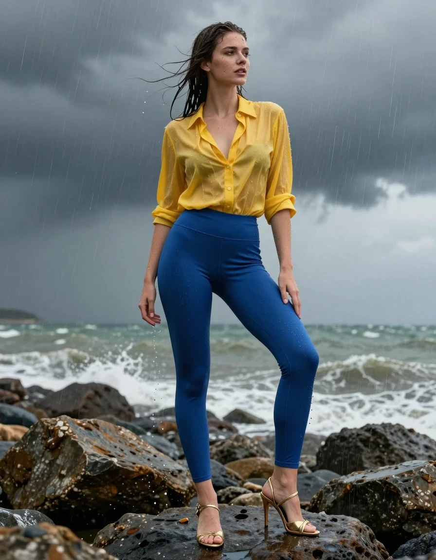 photo of young woman, in soaking wet, drenched clothes,
Strappy gold stilettos , Blue leggings , Yellow blouse , Standing on rocks, 
enjoying, wet clothes stuck to body,
detailed textures of the wet clothes, wet face, wet plastered hair,
wet, drenched, professional, high-quality details, full body view.
sharp focus, ultra-high pixel detail, realistic, high-quality, full colors, incredibly detailed, 4k, 8k, 16k, hyper-realistic, RAW photo, masterpiece, ultra-detailed, professionally color graded, professional photograph, Storm, wet skin, wet clothes, damp fabric