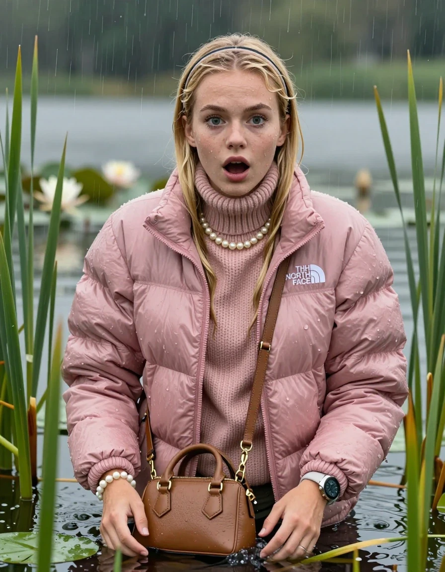 photo of young woman, in soaking wet, drenched clothes,
, , Light pink puffer down jacket from north face,  knit turtleneck sweater, handbag, pearl necklace, bracelet, wristwatch , knitted scarf, Emerging after diving in a lake with water lilies and reeds, rain , 
enjoying, wet clothes stuck to body,
detailed textures of the wet clothes, wet face, wet plastered hair,
wet, drenched, professional, high-quality details, full body view.
sharp focus, ultra-high pixel detail, realistic, high-quality, full colors, incredibly detailed, 4k, 8k, 16k, hyper-realistic, RAW photo, masterpiece, ultra-detailed, professionally color graded, professional photograph, Blonde Sleek long straight hair, hairband

19 years old  teenage girl

open mouth, big eyes 

she is completely underwater up to her neck, afraid and astonished expression. Looking at camera. Arms in the water.

She hides in the reeds and is surprised by spectators

her submerged clothes are hardly vusible under water, she soaked her handbag into the water

close up view, wet skin, wet clothes, wet hair, damp fabric, water runs down the clothes, wet skin, wet clothes, damp fabric, wet skin, wet clothes, damp fabric, wet skin, wet clothes, damp fabric, wet skin, wet clothes, damp fabric, wet skin, wet clothes, damp fabric, wet skin, wet clothes, damp fabric, wet skin, wet clothes, damp fabric, wet skin, wet clothes, damp fabric, wet skin, wet clothes, damp fabric, wet skin, wet clothes, damp fabric, wet skin, wet clothes, damp fabric, wet skin, wet clothes, damp fabric, wet skin, wet clothes, damp fabric